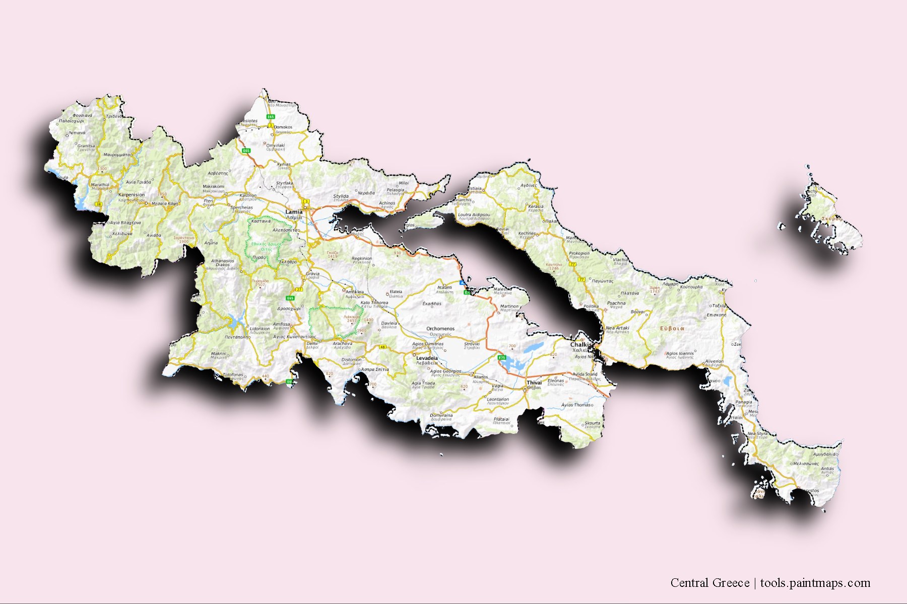 Central Greece and counties map with 3D shadow effect