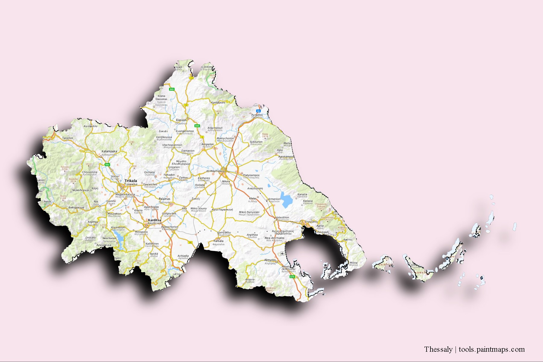 Mapa de Thessaly y sus distritos con efecto de sombra 3D