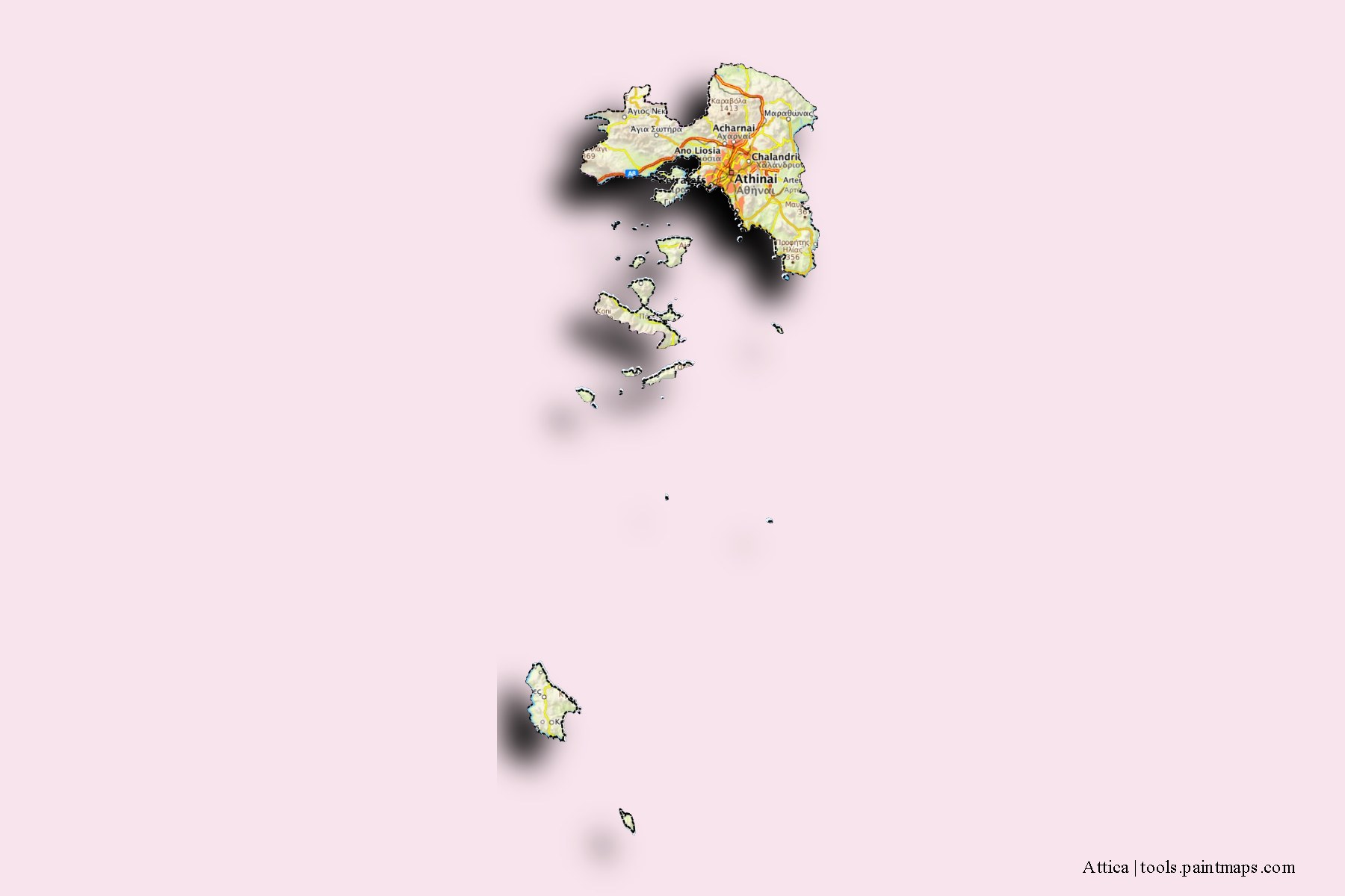 Attica and counties map with 3D shadow effect