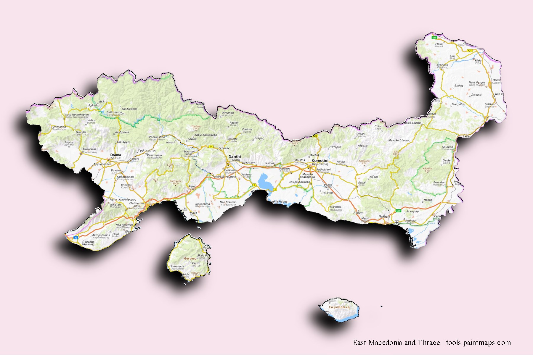 East Macedonia and Thrace and counties map with 3D shadow effect