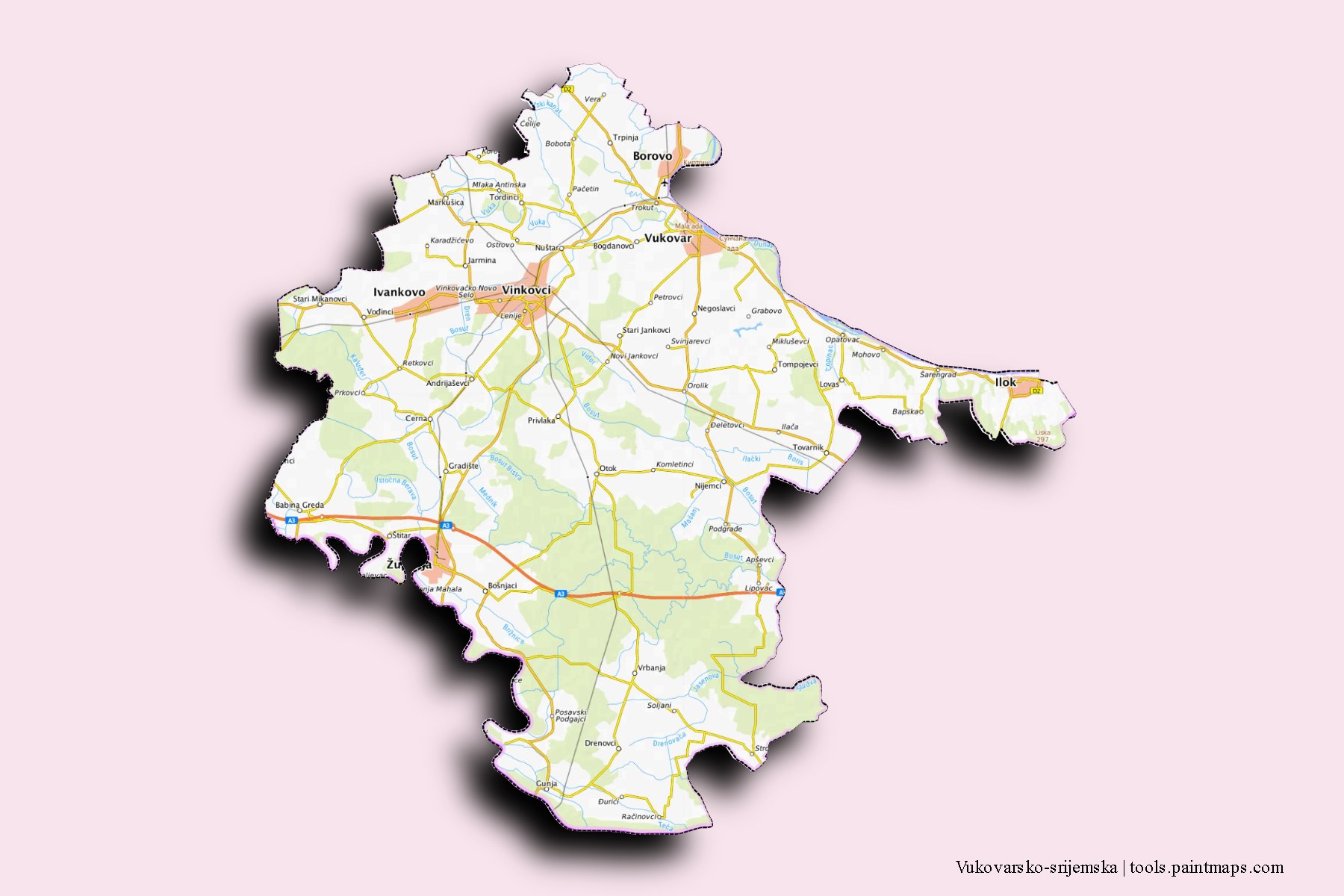 Vukovarsko-srijemska and counties map with 3D shadow effect