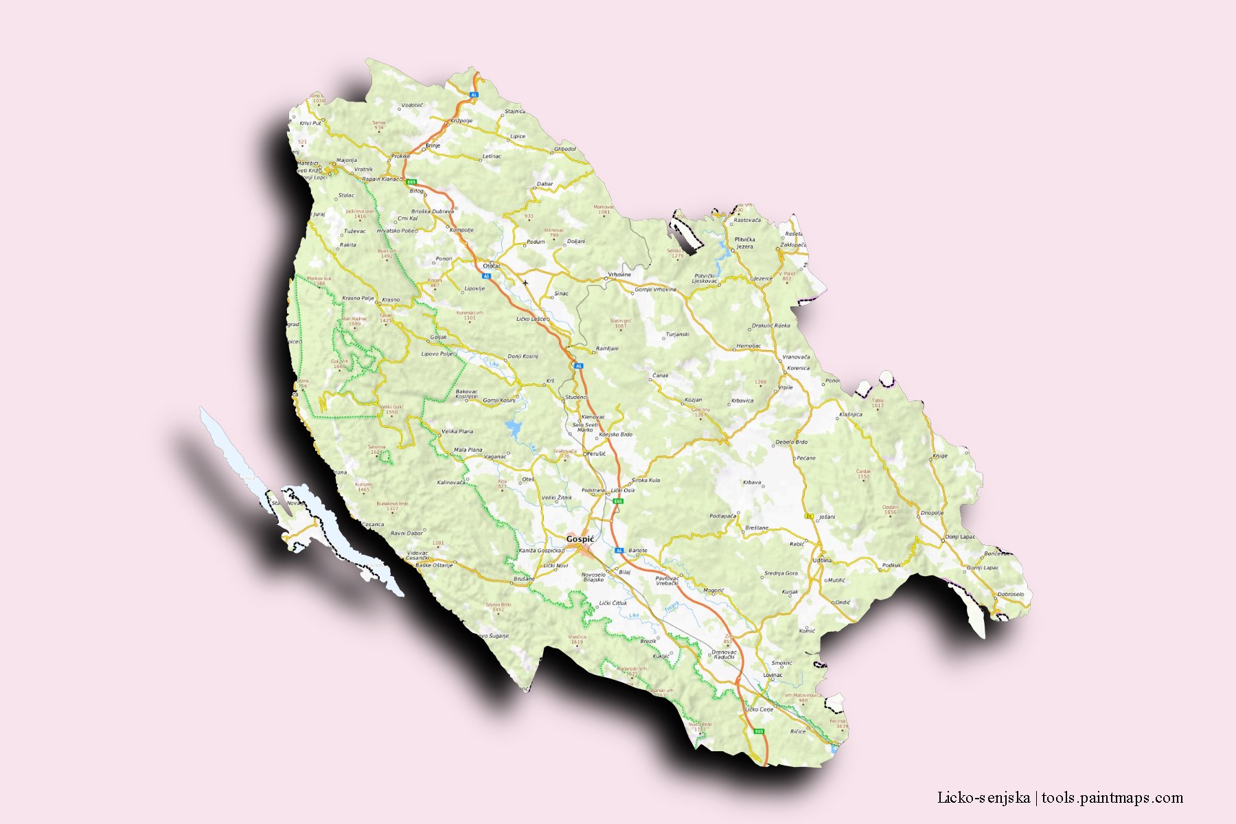 Licko-senjska and counties map with 3D shadow effect