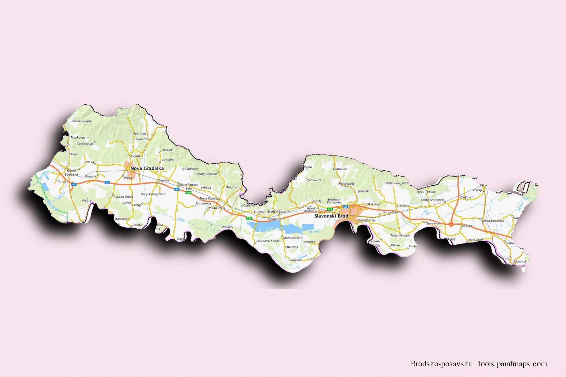 3D gölge efektli Brod-Posavina ve ilçeleri haritası