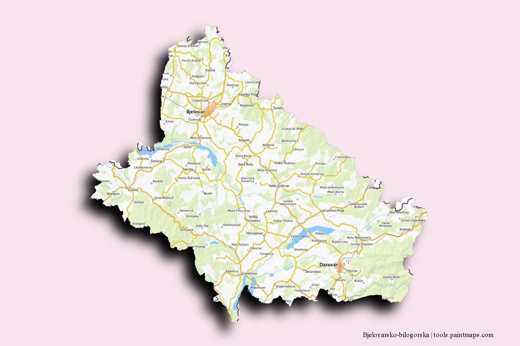 Bjelovarsko-bilogorska and counties map with 3D shadow effect