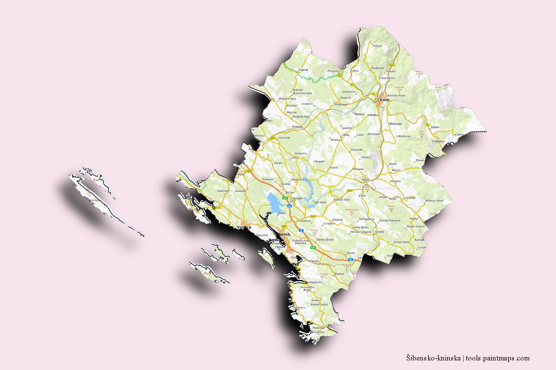 Mapa de Šibensko-kninska y sus distritos con efecto de sombra 3D