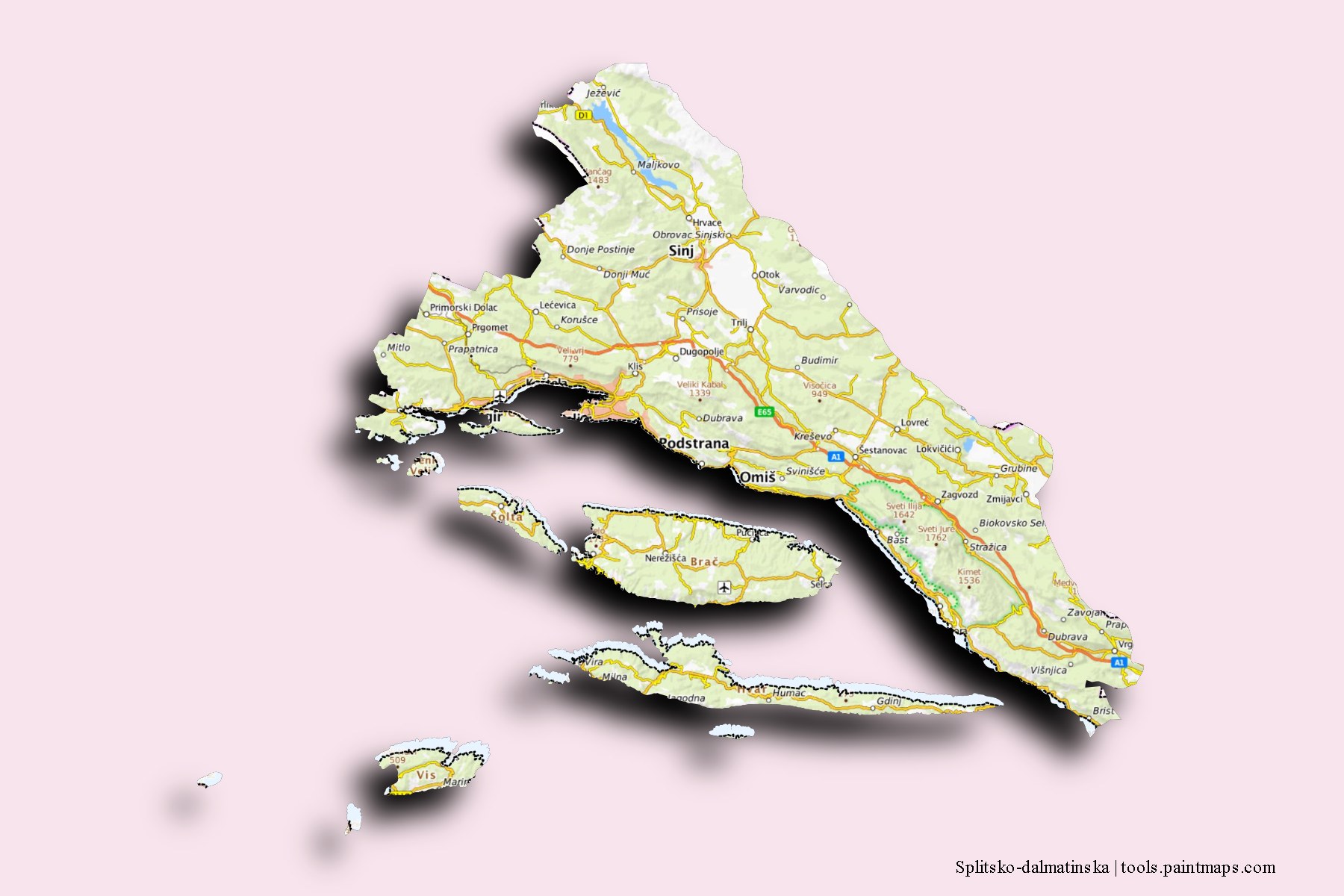 Splitsko-dalmatinska and counties map with 3D shadow effect