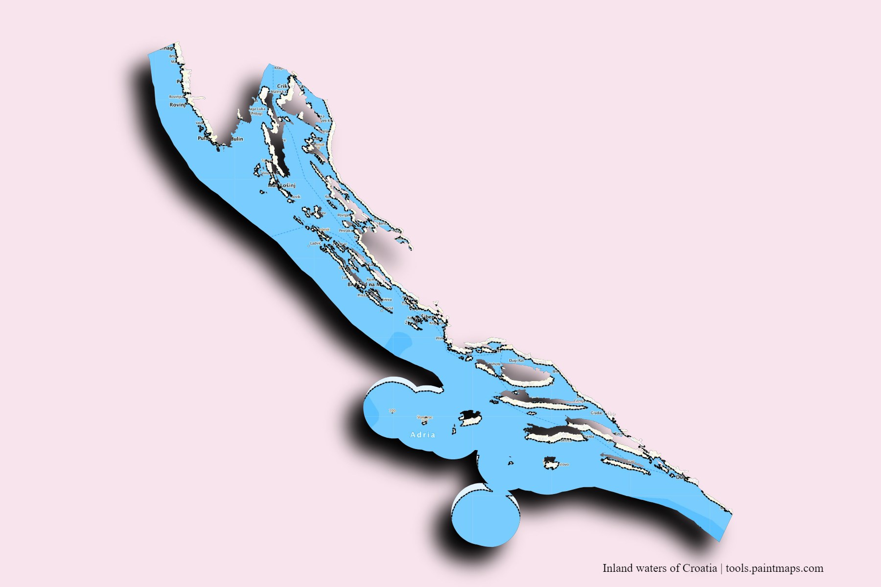 Inland waters of Croatia and counties map with 3D shadow effect