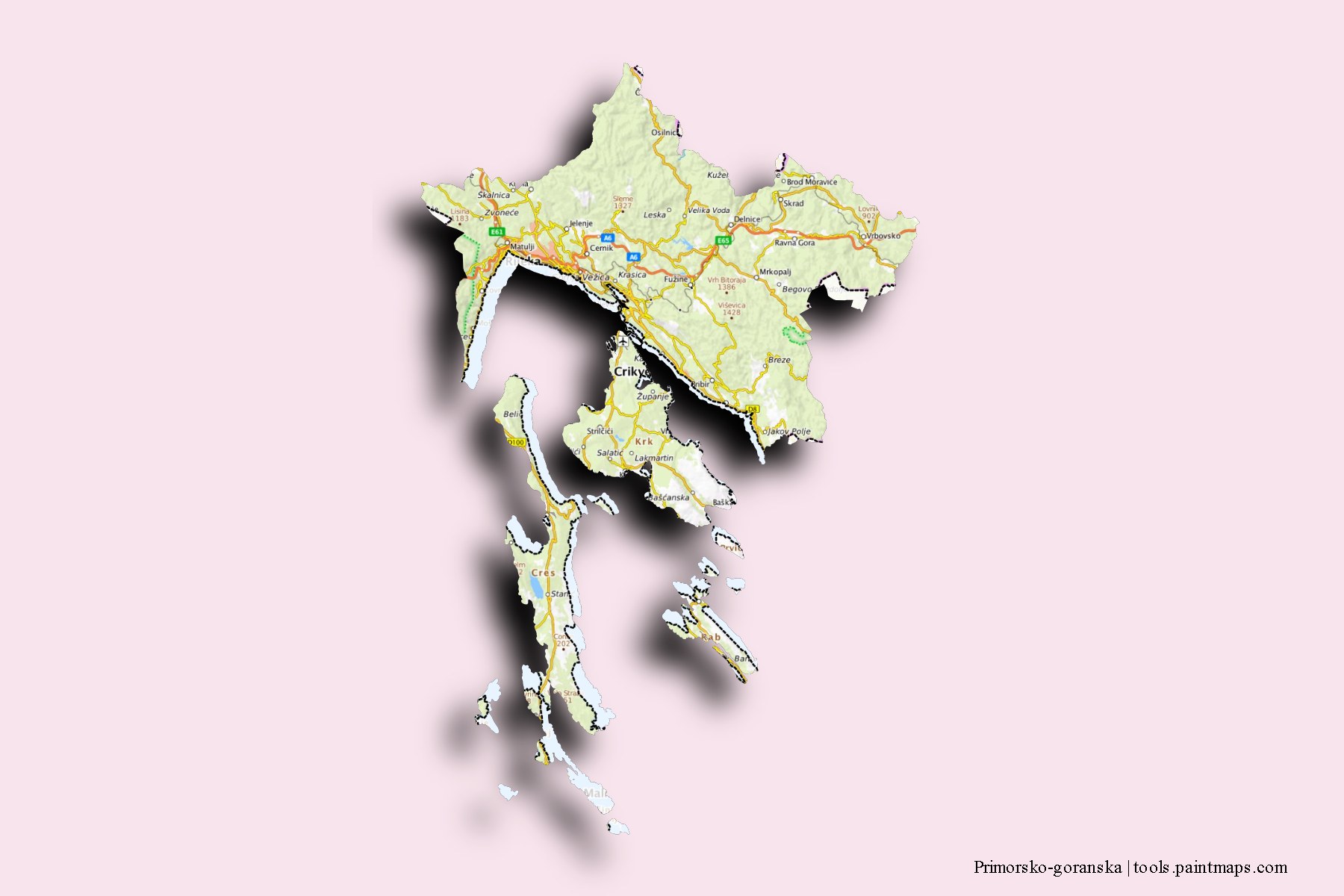 Mapa de Primorsko-goranska y sus distritos con efecto de sombra 3D