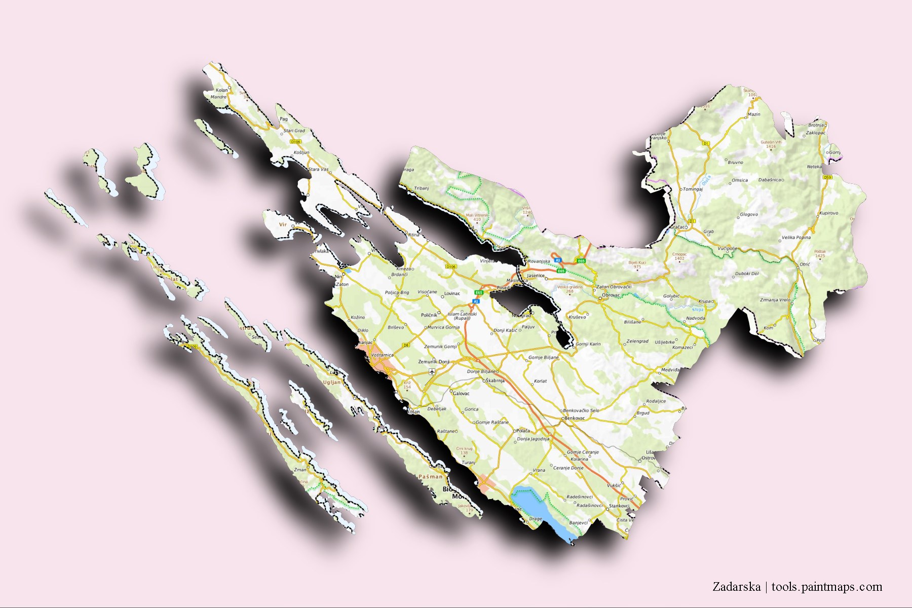 Zadarska and counties map with 3D shadow effect