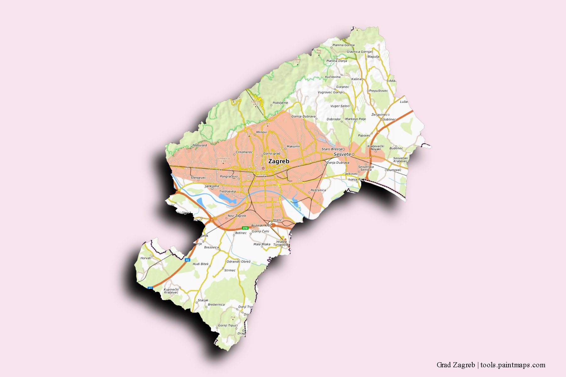 Mapa de Grad Zagreb y sus distritos con efecto de sombra 3D