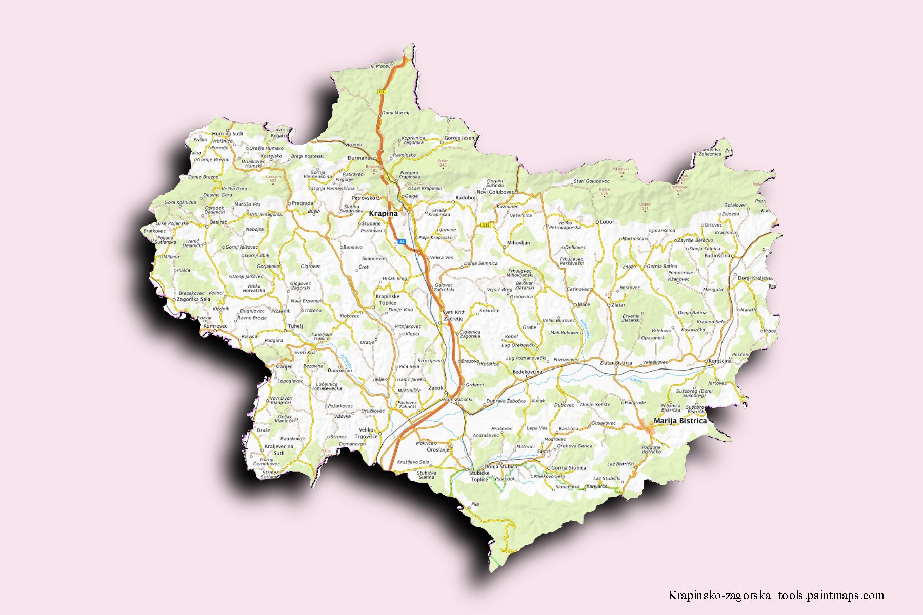 Krapinsko-zagorska and counties map with 3D shadow effect