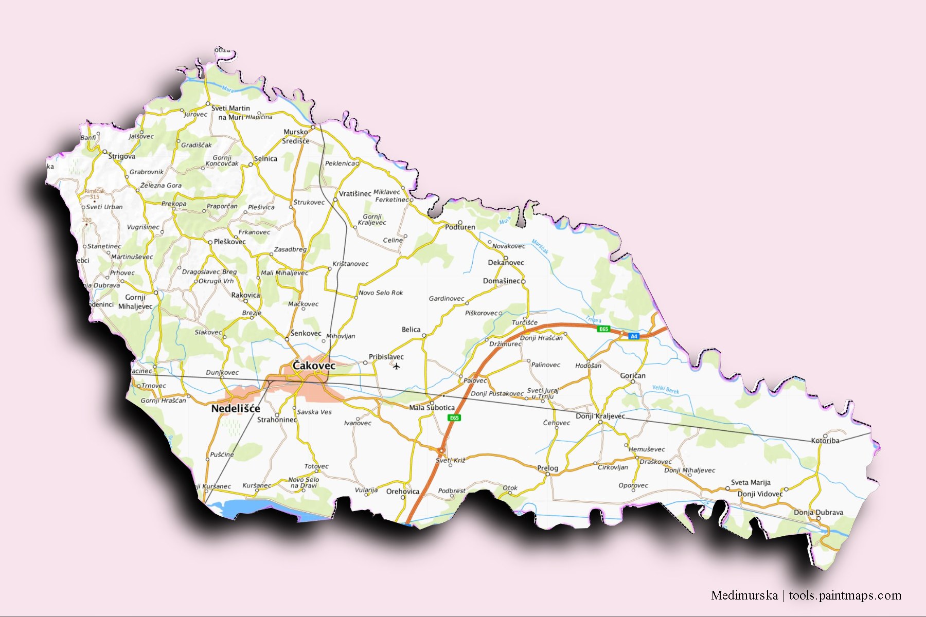 Medimurska and counties map with 3D shadow effect