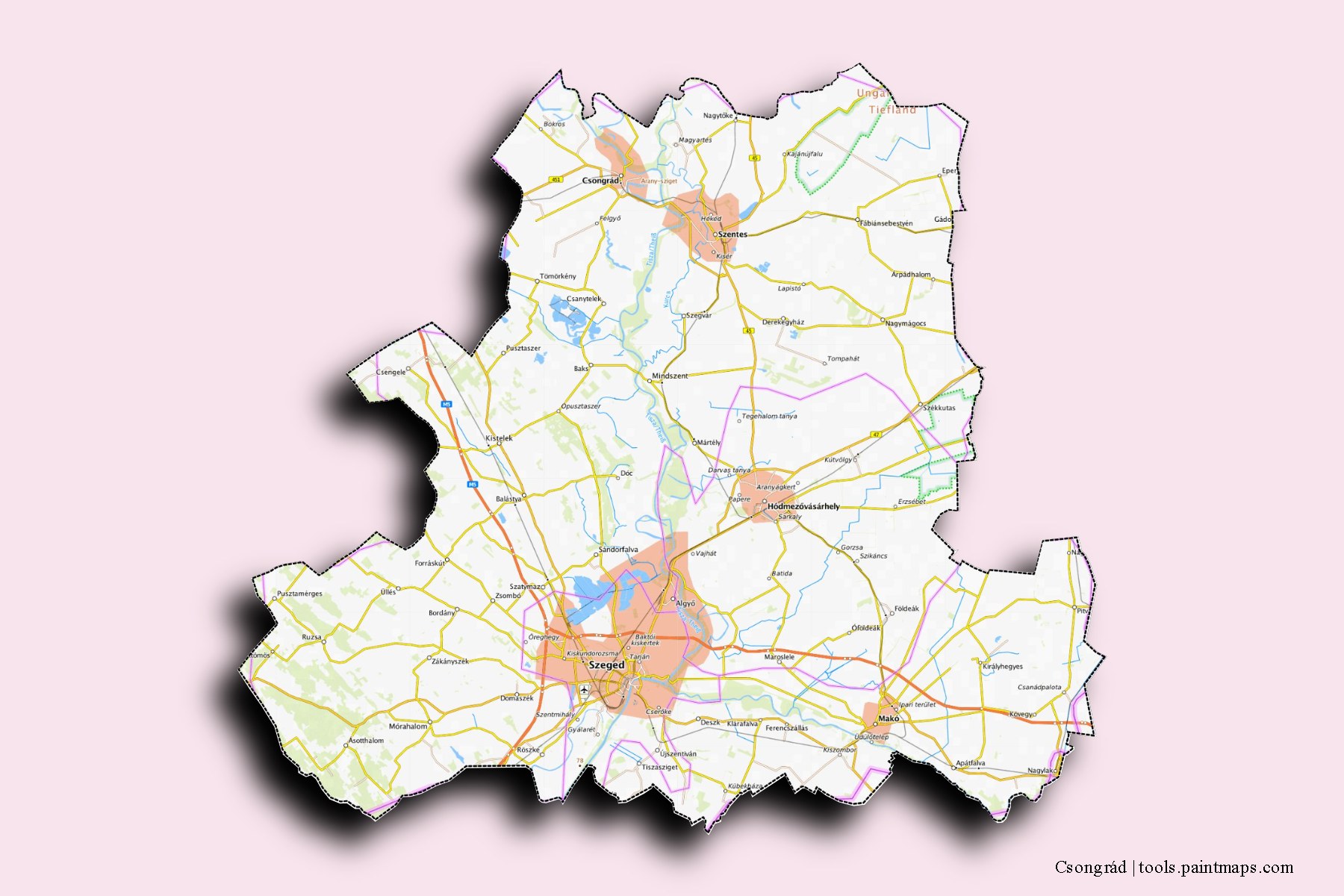 Mapa de Csongrád y sus distritos con efecto de sombra 3D