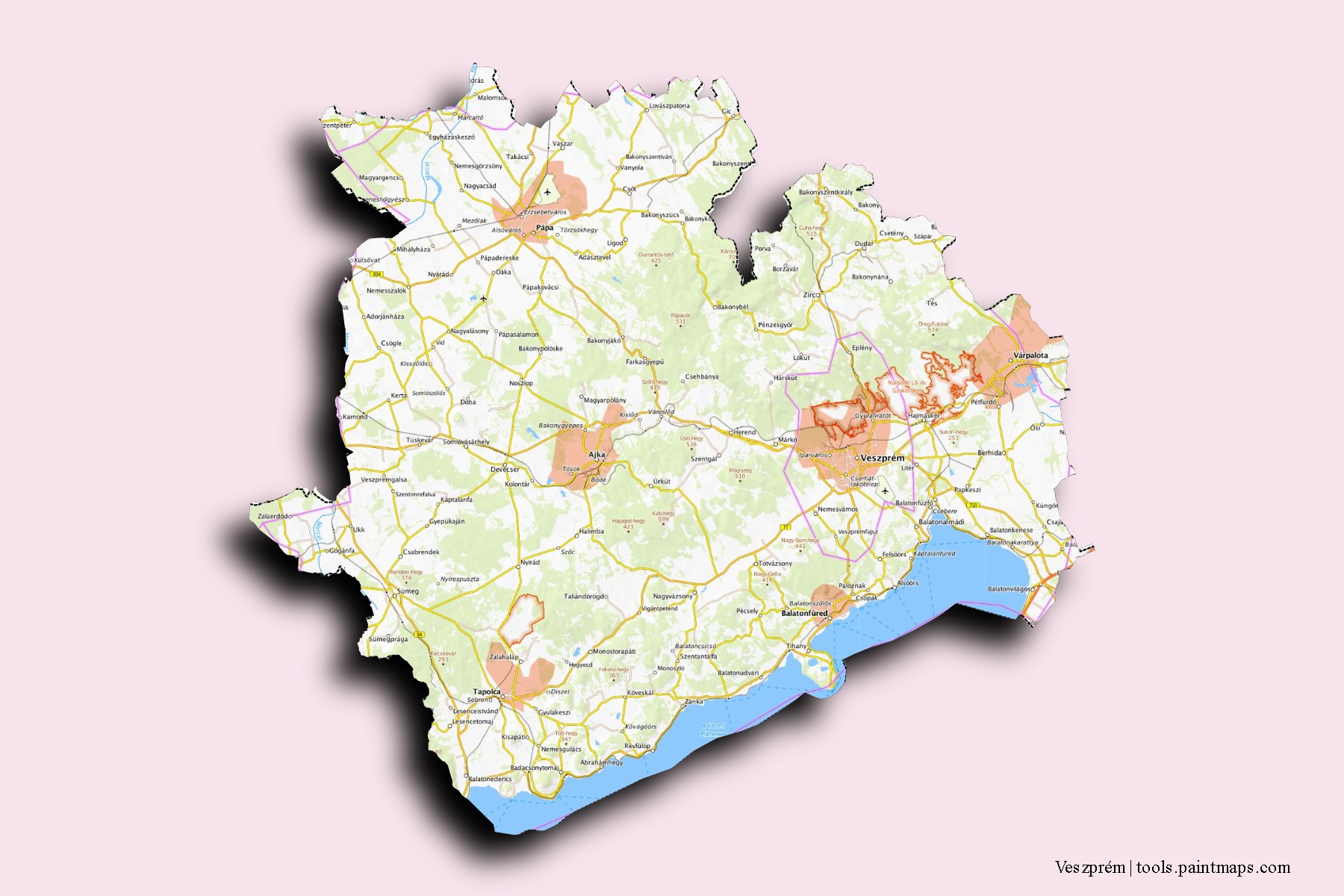 Mapa de Veszprém y sus distritos con efecto de sombra 3D