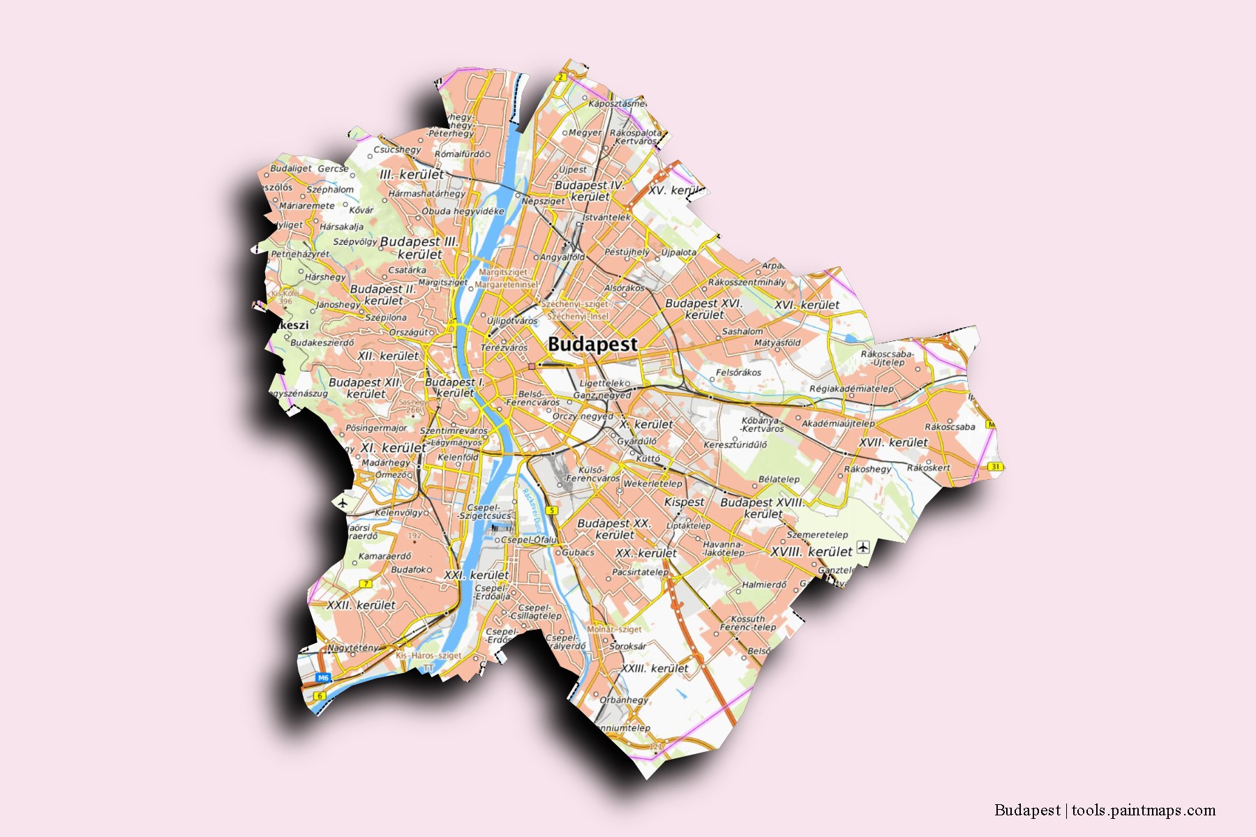 Budapest and counties map with 3D shadow effect