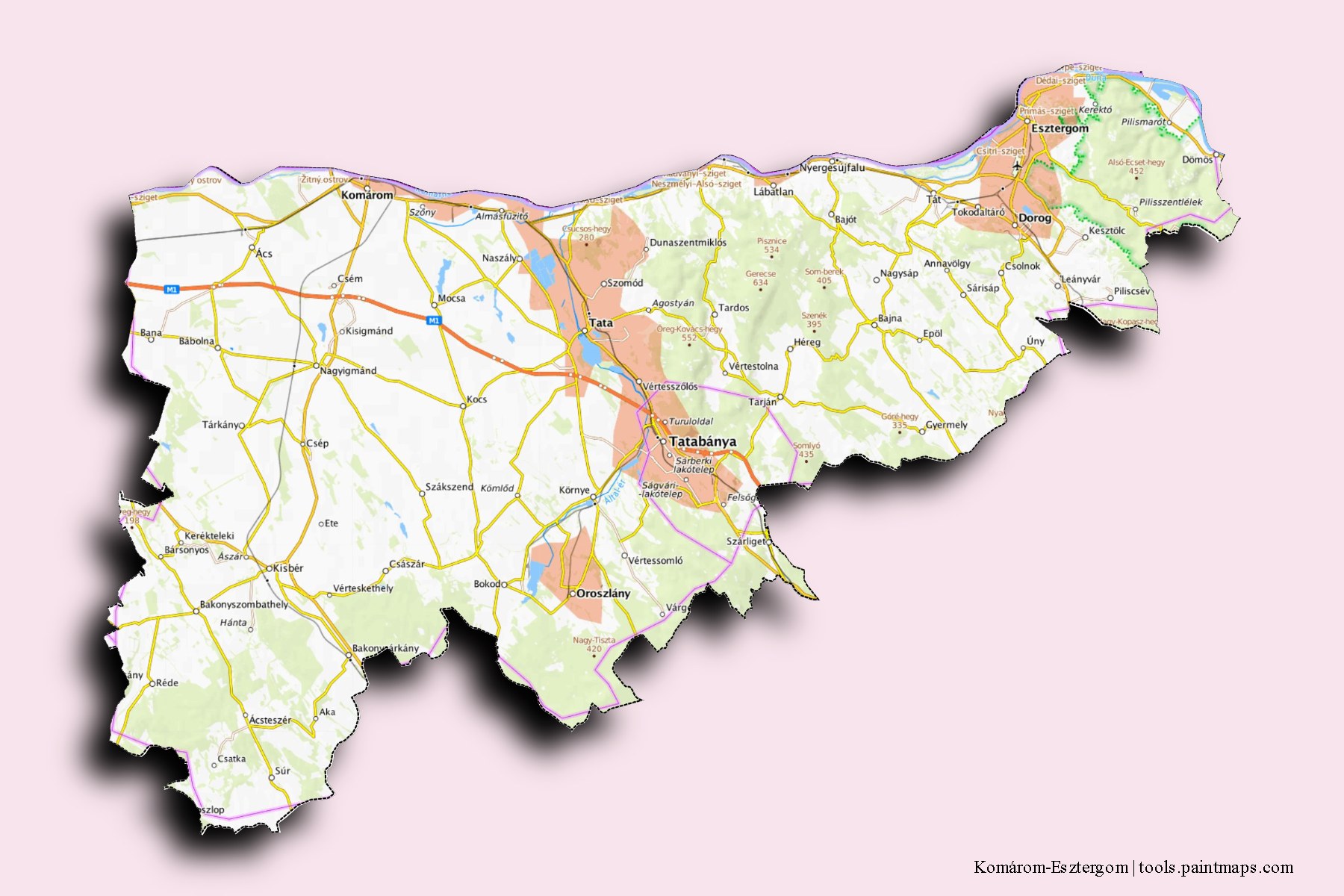 Mapa de Komárom-Esztergom y sus distritos con efecto de sombra 3D