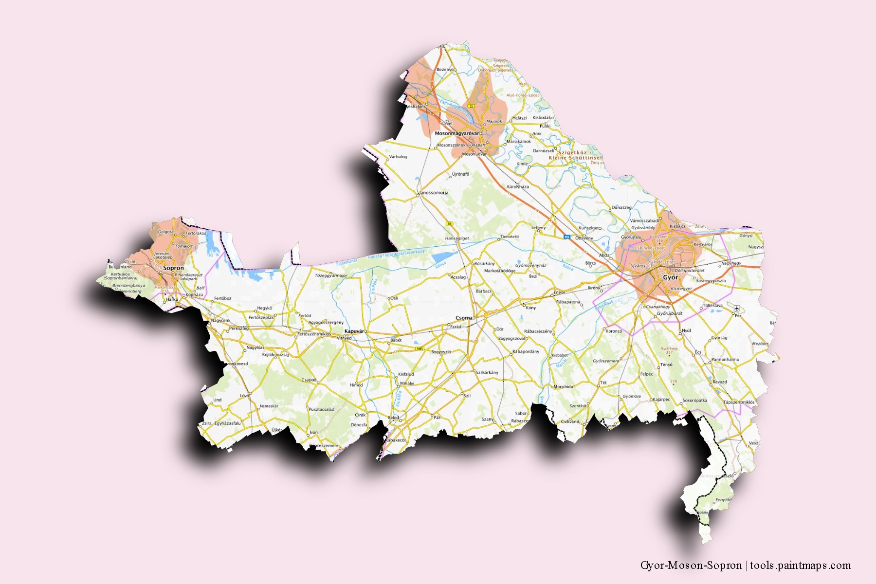 Mapa de Gyor-Moson-Sopron y sus distritos con efecto de sombra 3D