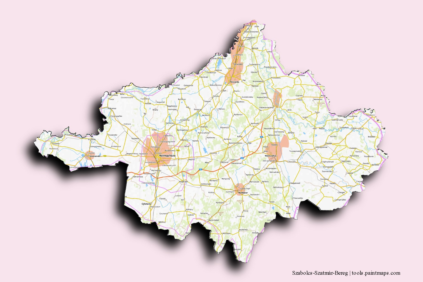 Mapa de Szabolcs-Szatmár-Bereg y sus distritos con efecto de sombra 3D