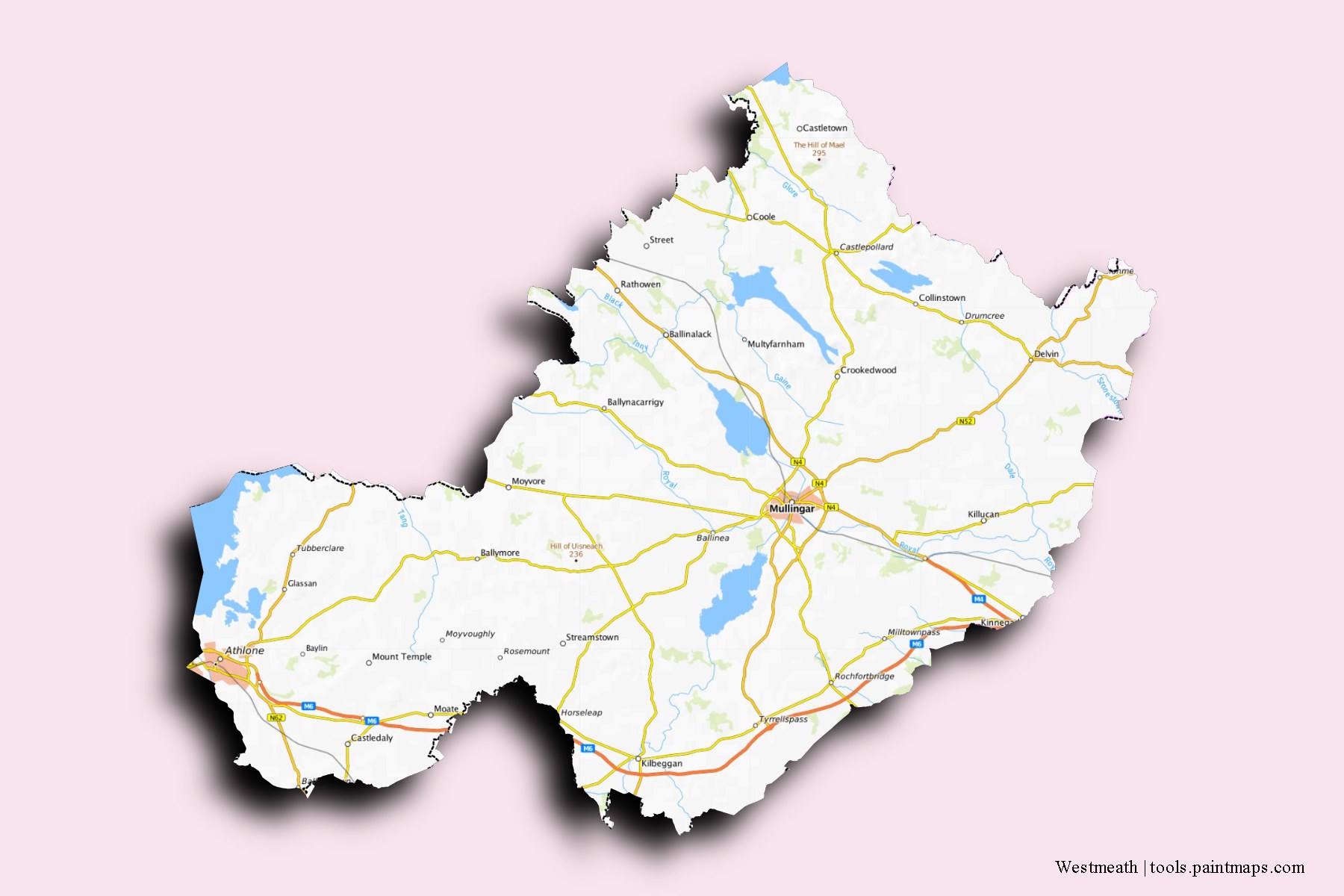 Mapa de Westmeath y sus distritos con efecto de sombra 3D