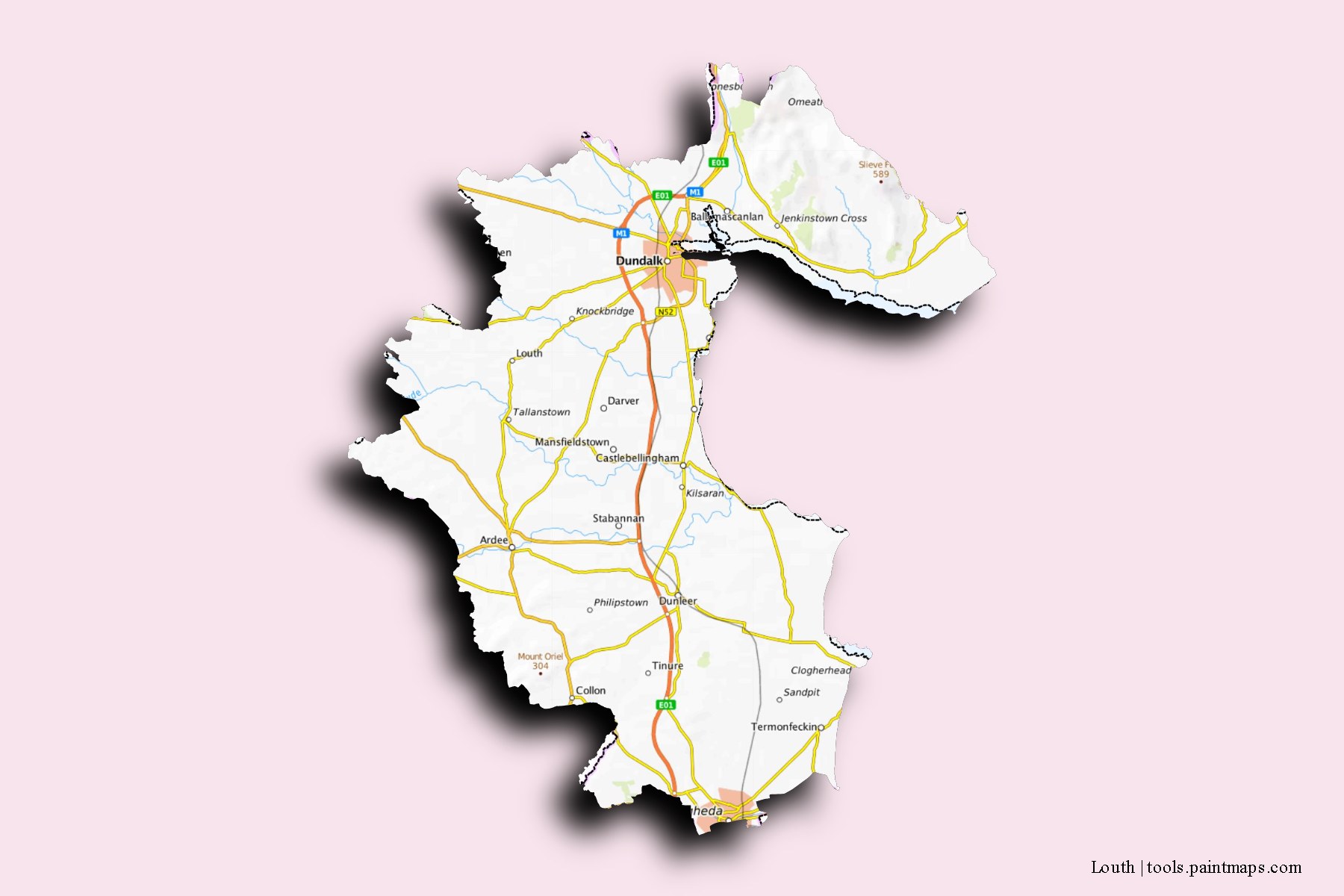 Louth and counties map with 3D shadow effect