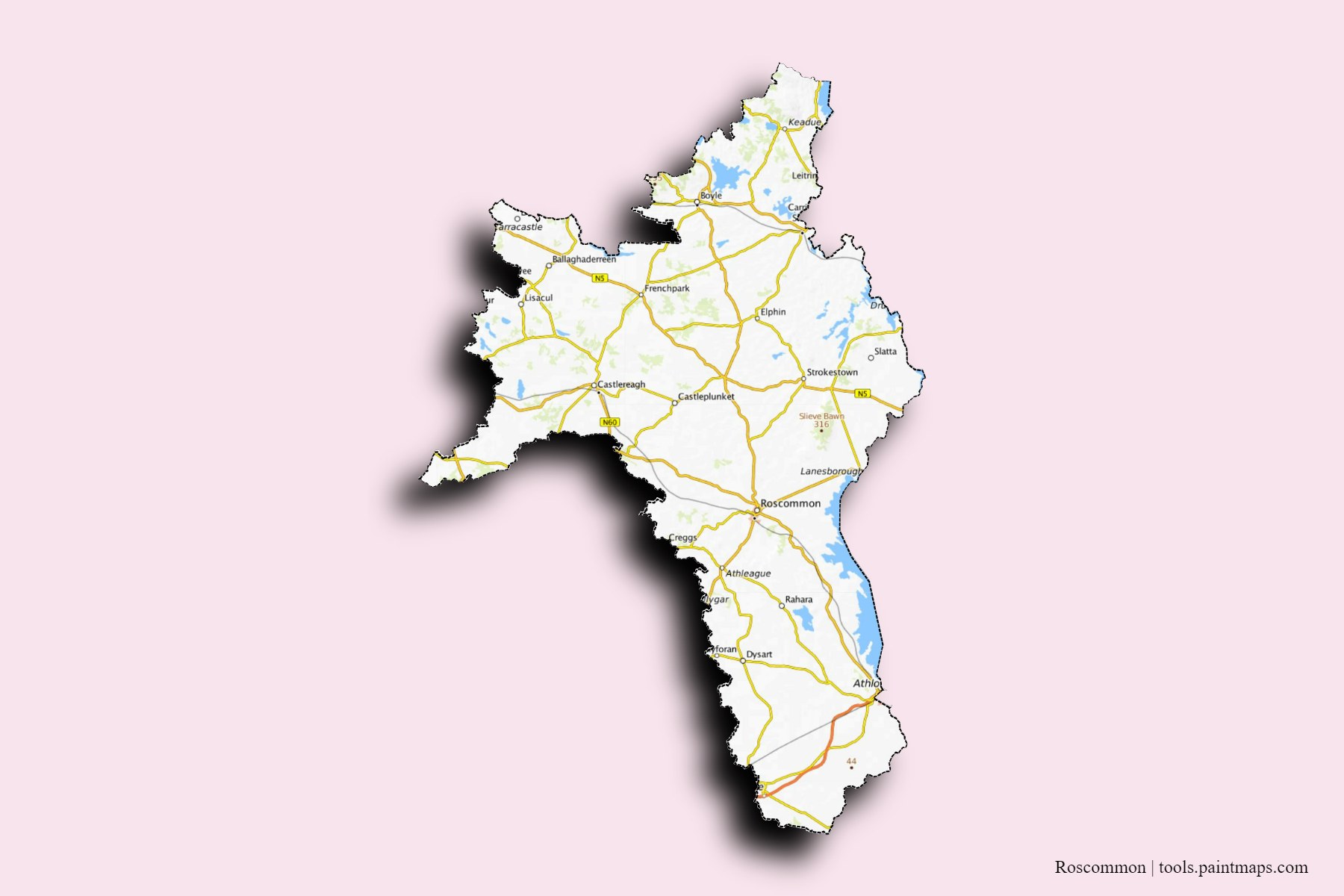 Mapa de Roscommon y sus distritos con efecto de sombra 3D