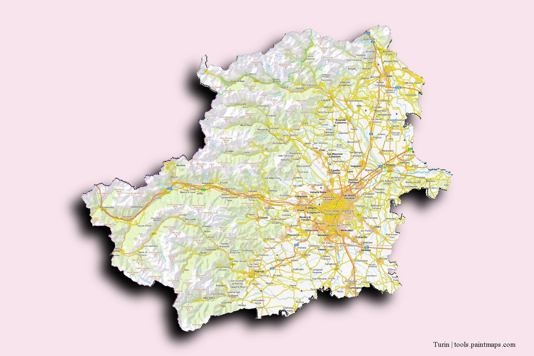 Turin and counties map with 3D shadow effect