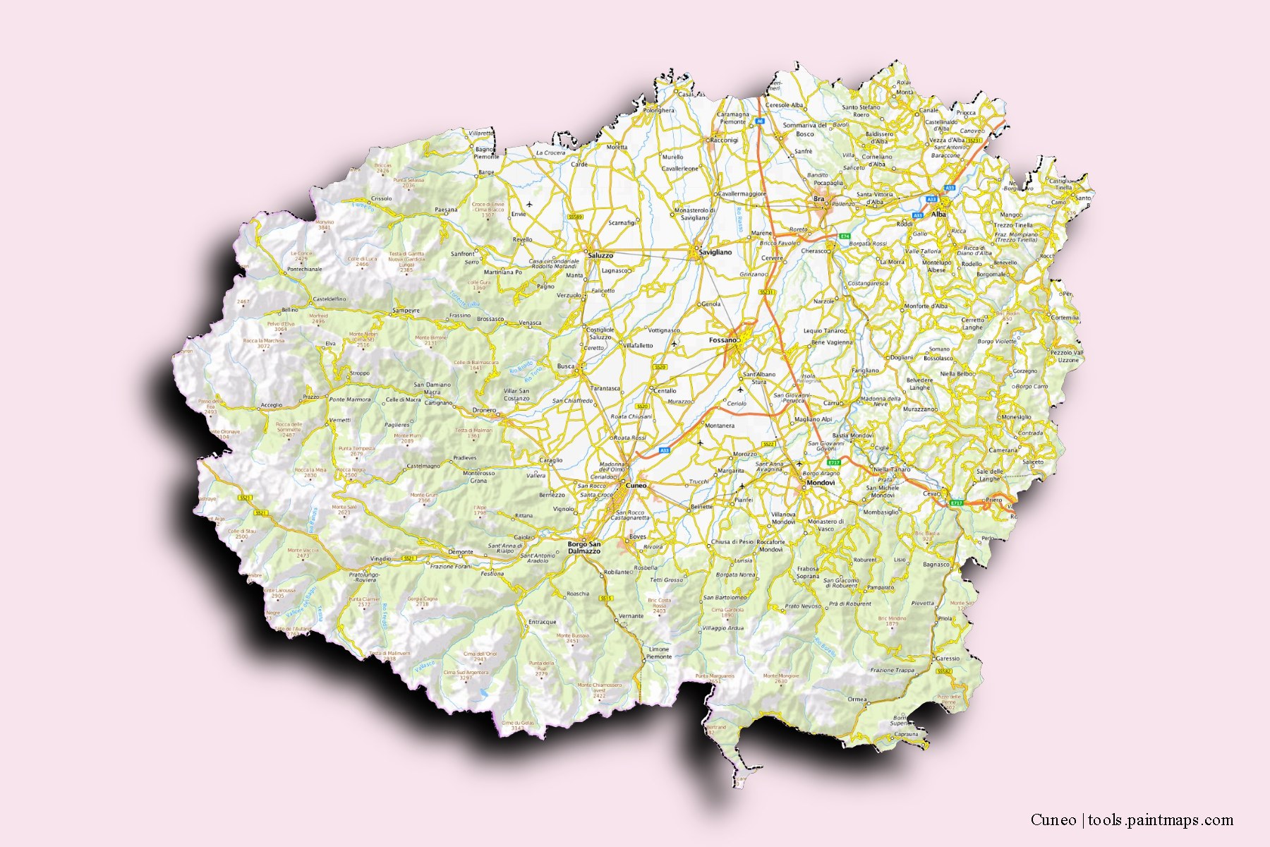 Cuneo and counties map with 3D shadow effect