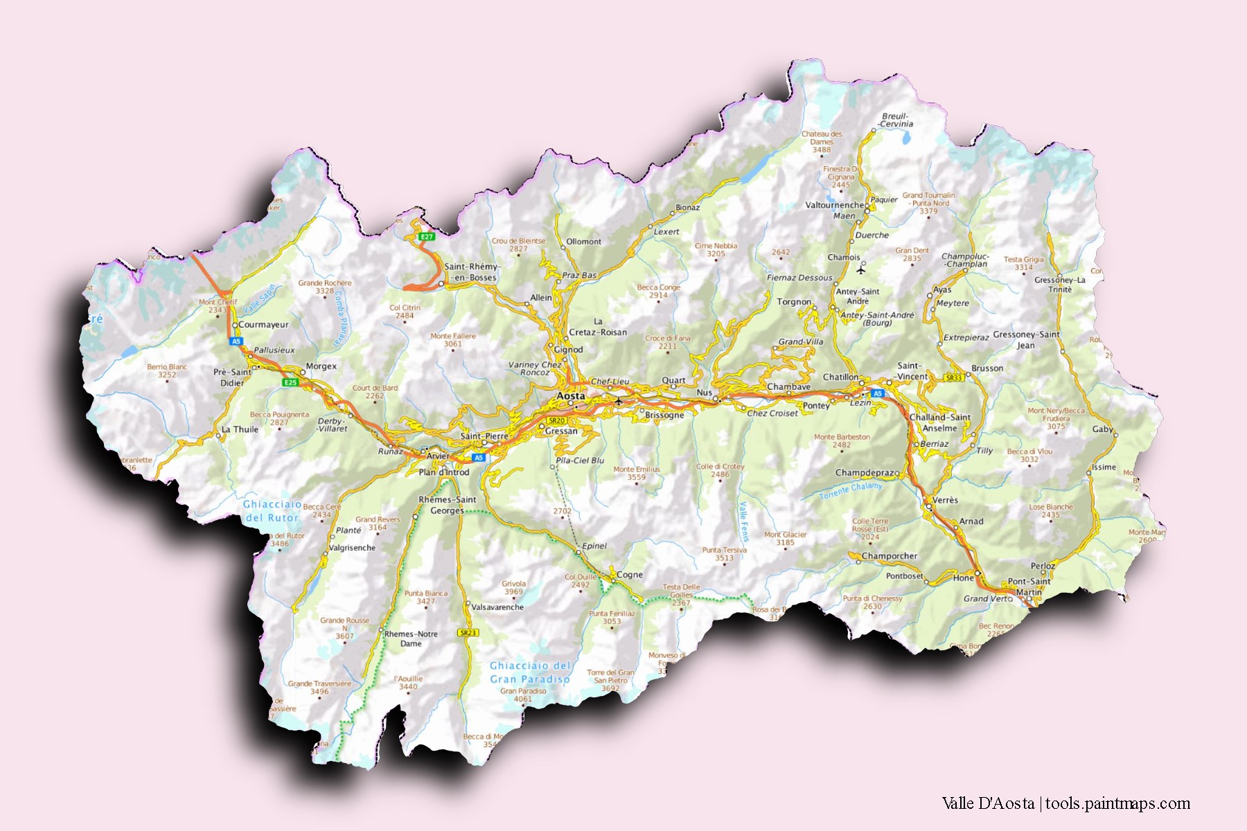 Mapa de Valle D'Aosta y sus distritos con efecto de sombra 3D