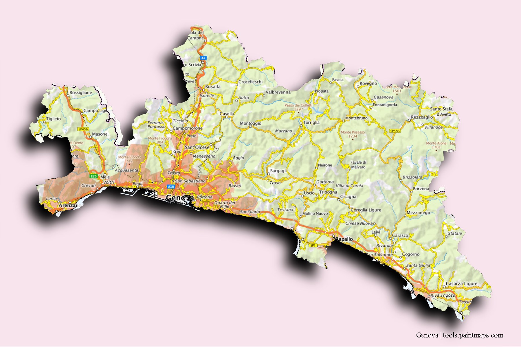 Mapa de Genova y sus distritos con efecto de sombra 3D