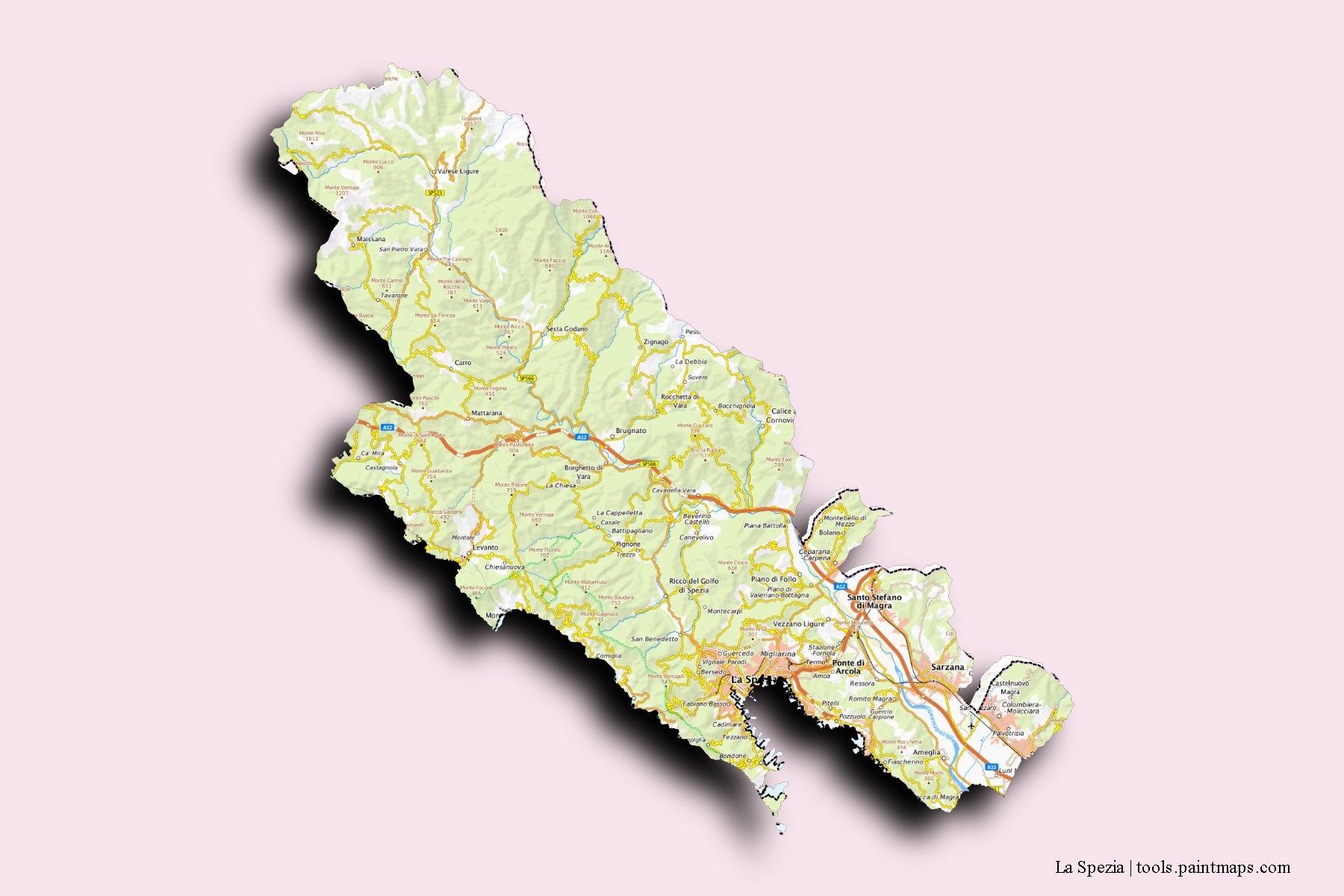 Mapa de La Spezia y sus distritos con efecto de sombra 3D