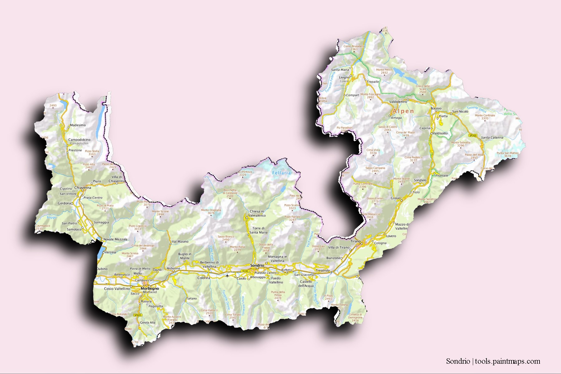 3D gölge efektli Sondrio ili ve ilçeleri haritası