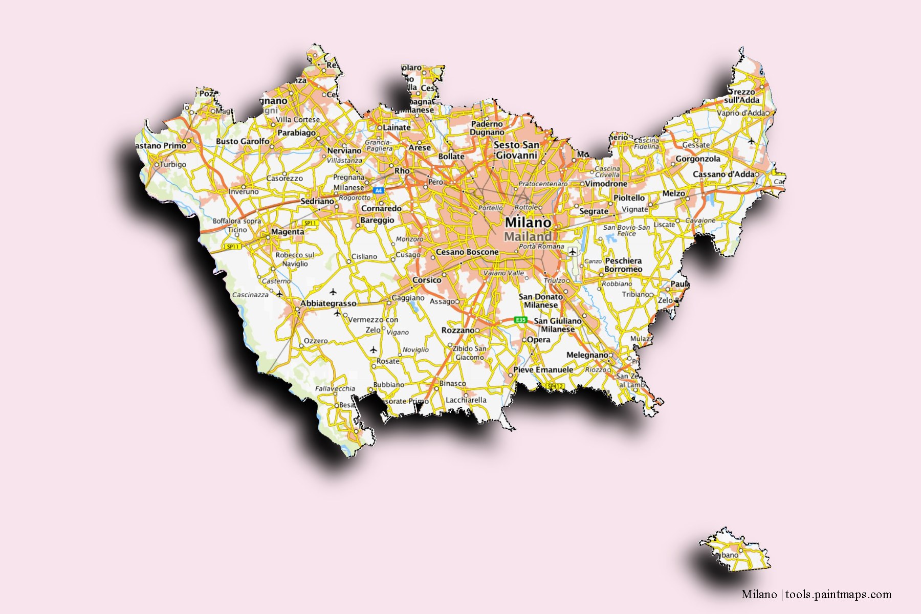 Mapa de Milano y sus distritos con efecto de sombra 3D