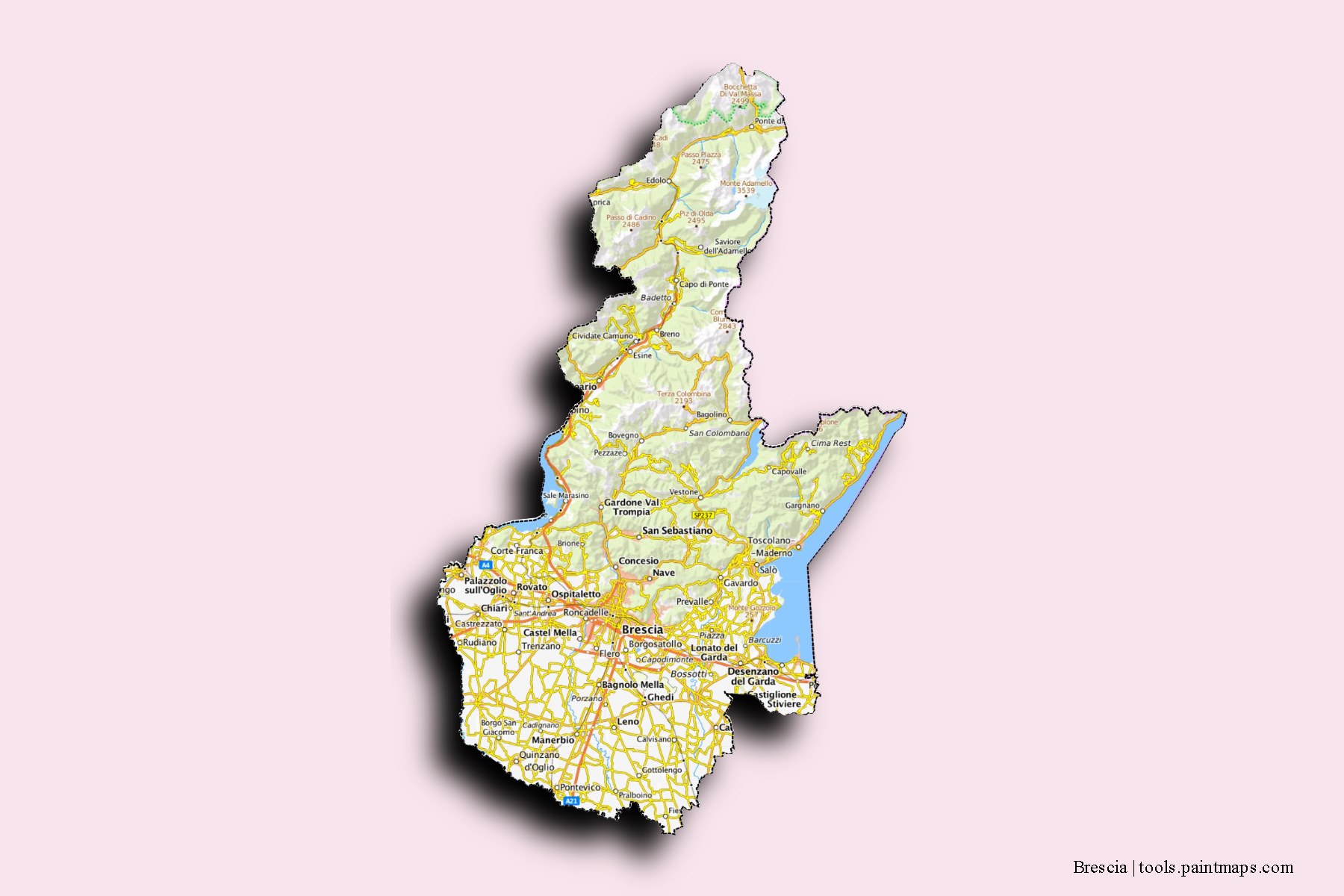 3D gölge efektli Brescia ili ve ilçeleri haritası