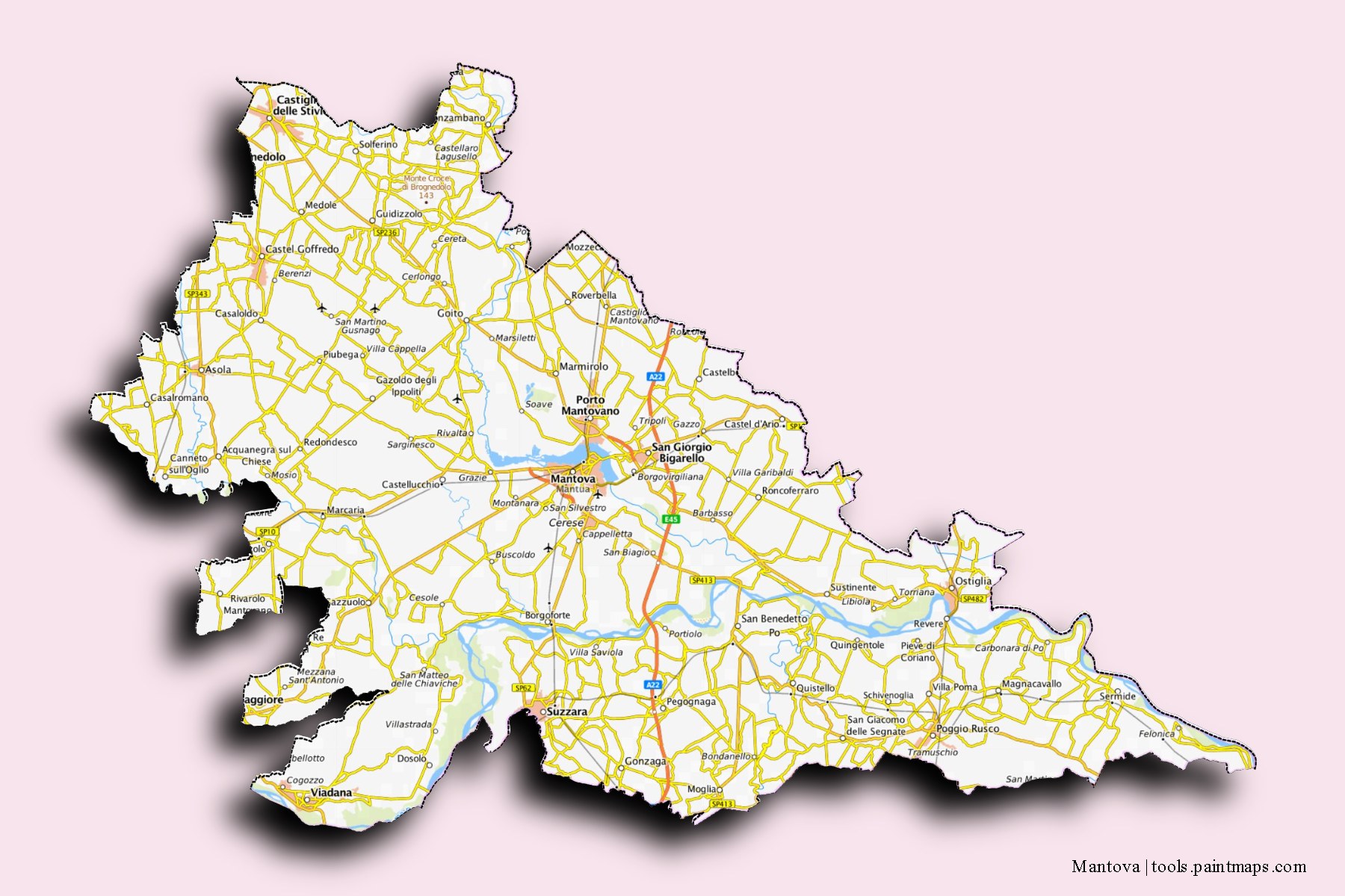 Mantova and counties map with 3D shadow effect