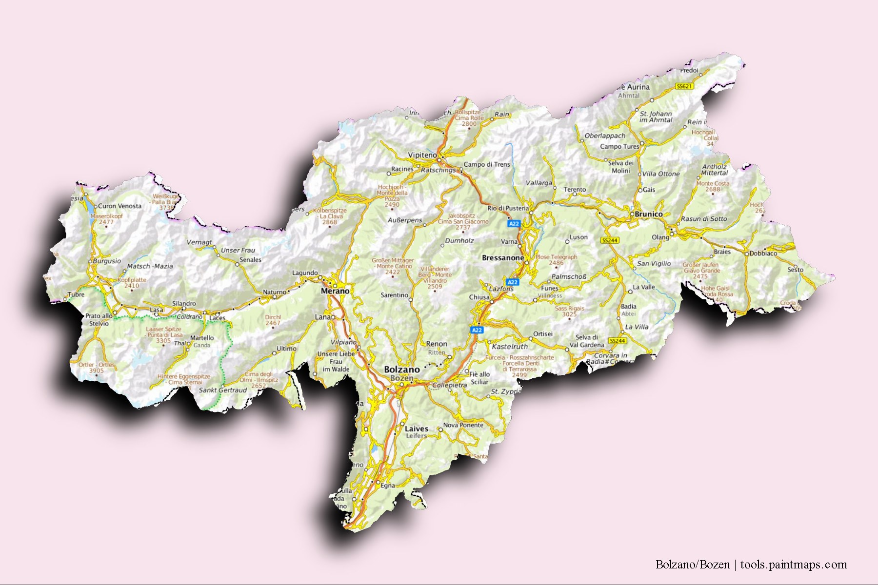 3D gölge efektli Güney Tirol ve ilçeleri haritası