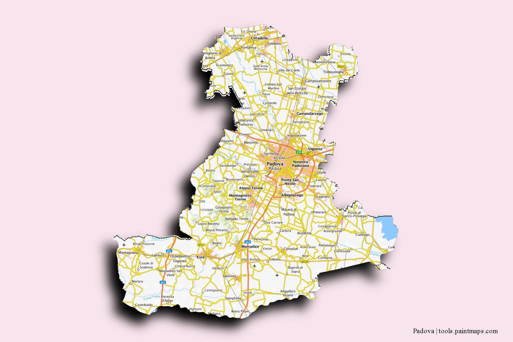3D gölge efektli Padova ve ilçeleri haritası