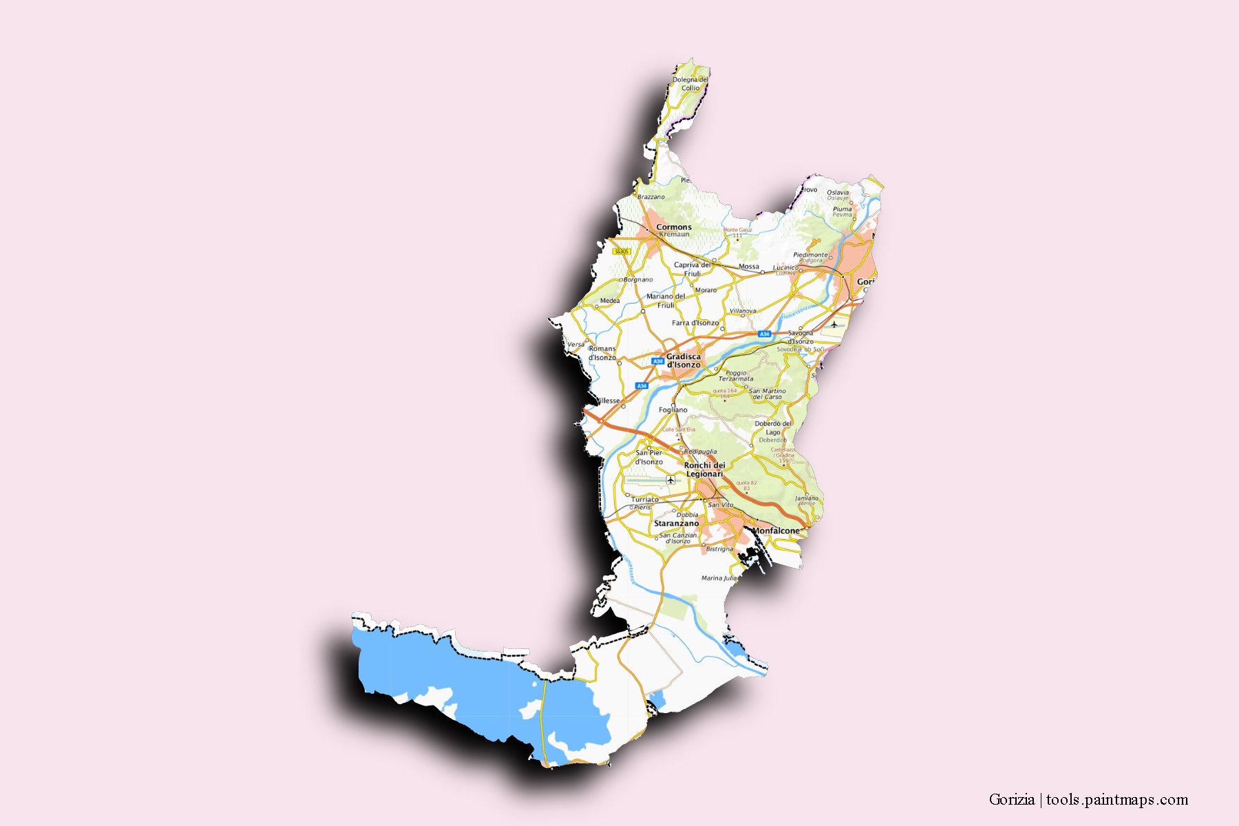 Gorizia and counties map with 3D shadow effect