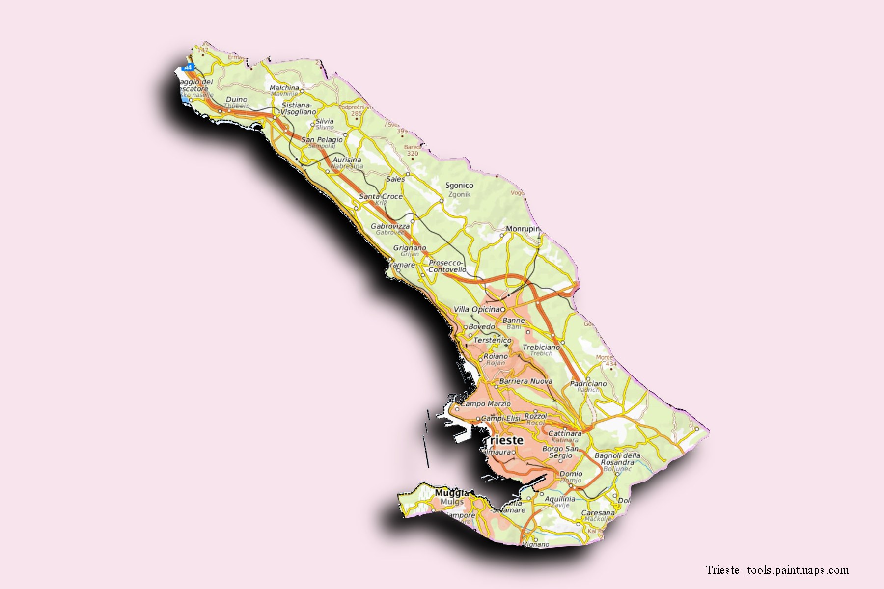 Mapa de Trieste y sus distritos con efecto de sombra 3D