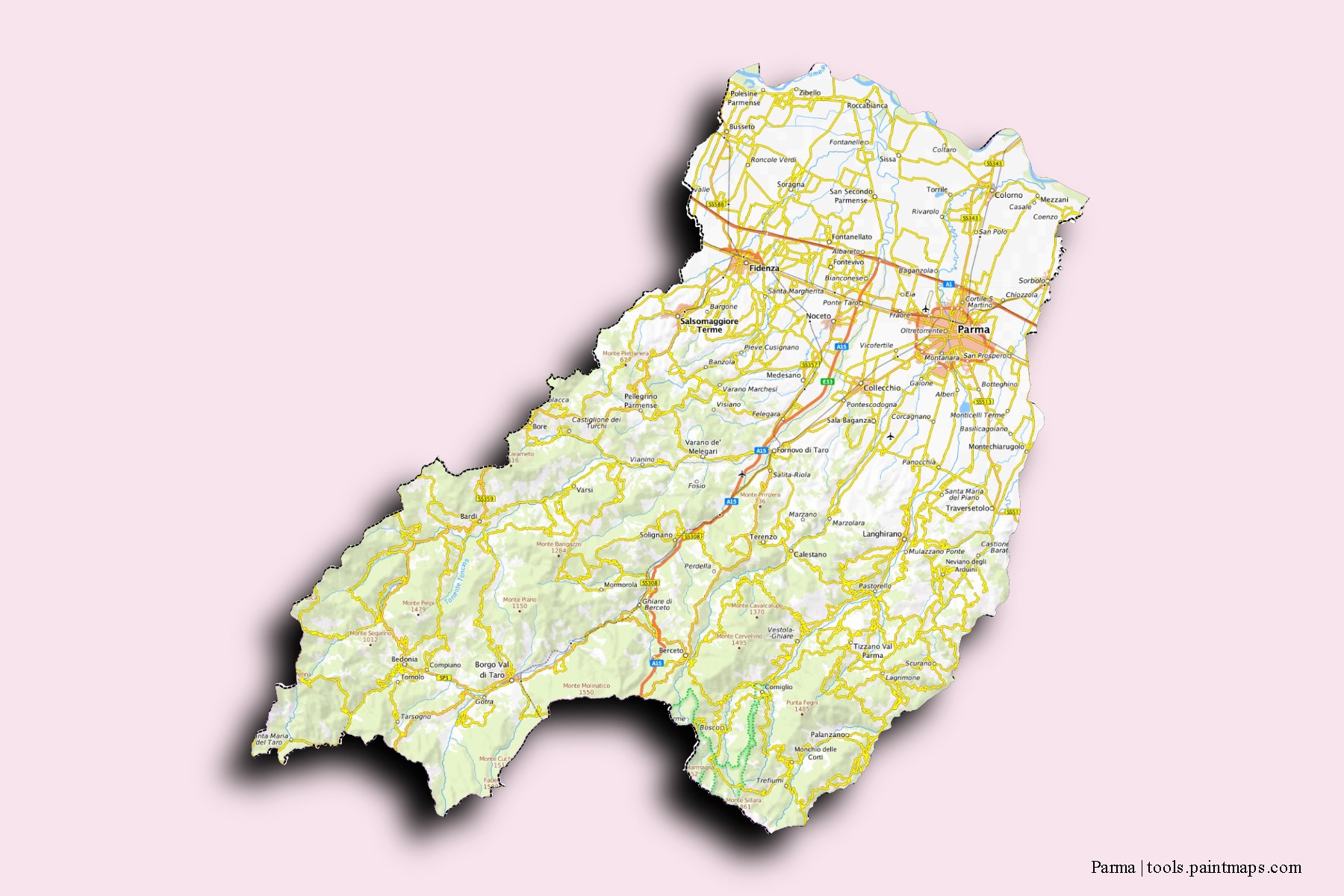 Parma and counties map with 3D shadow effect