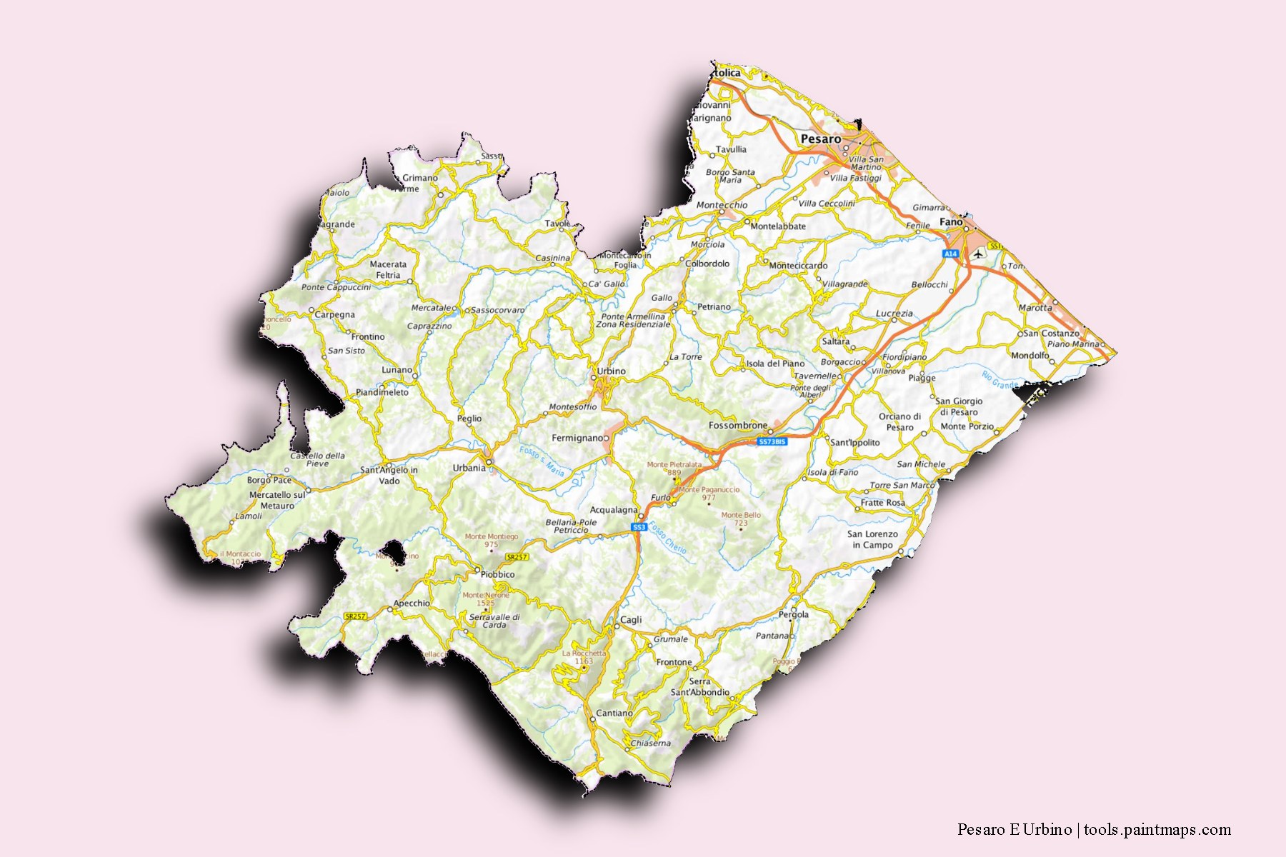 Mapa de Pesaro E Urbino y sus distritos con efecto de sombra 3D