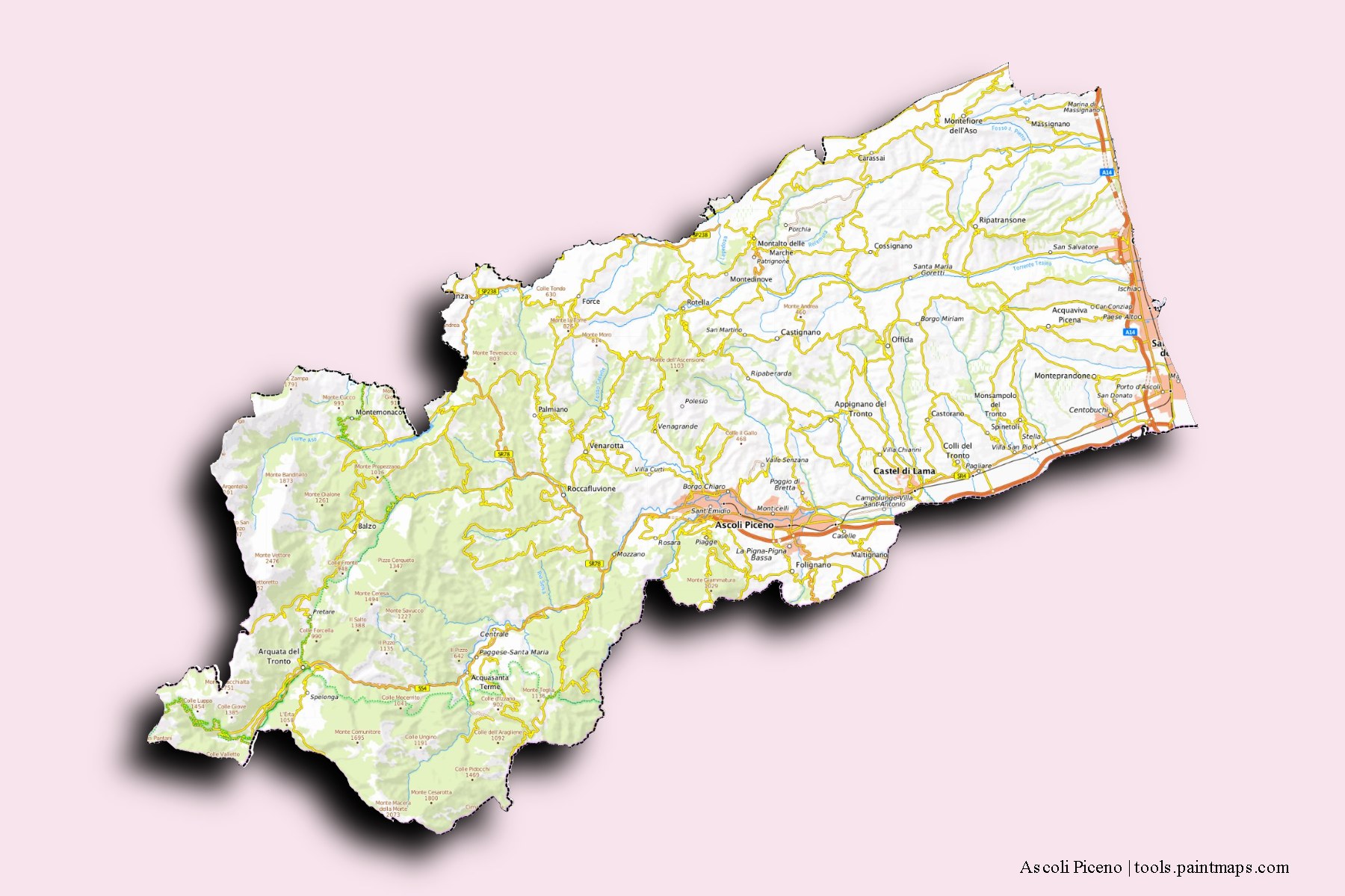 Mapa de Ascoli Piceno y sus distritos con efecto de sombra 3D