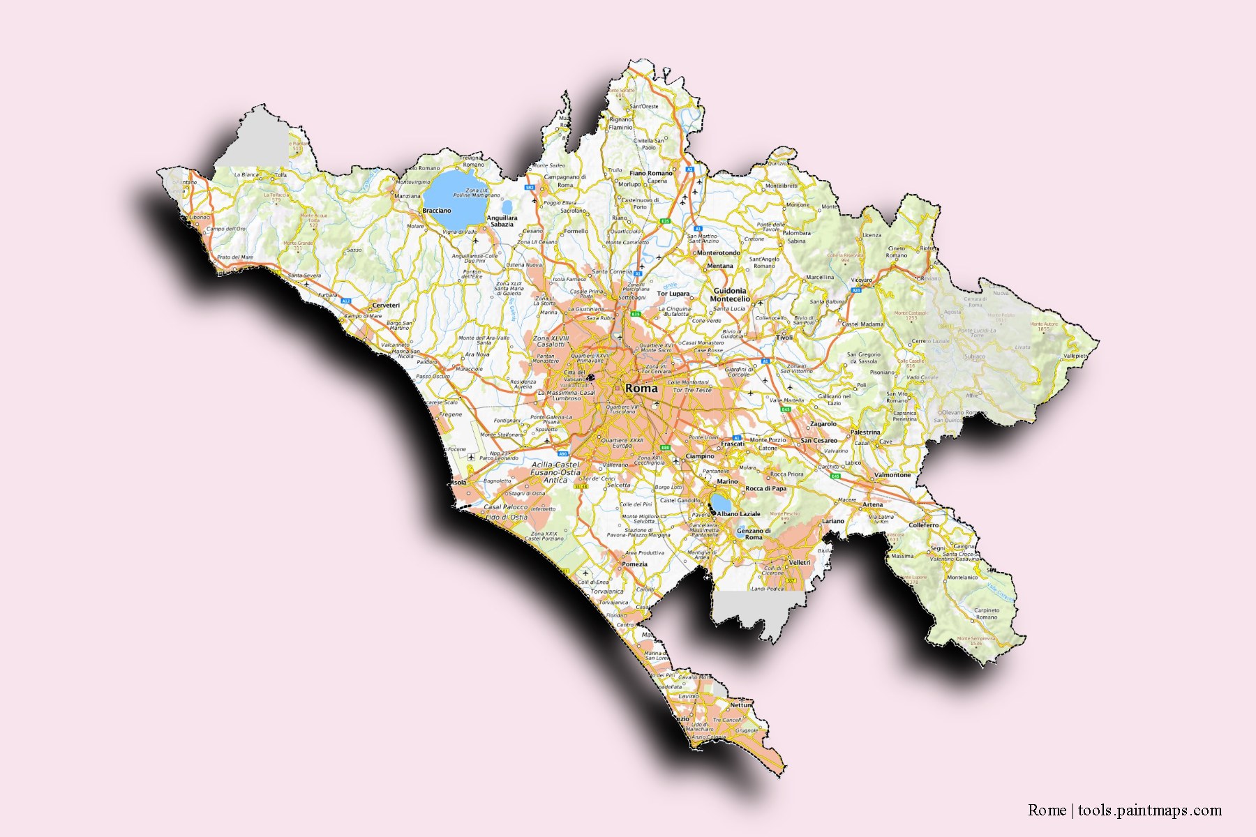 Mapa de Rome y sus distritos con efecto de sombra 3D