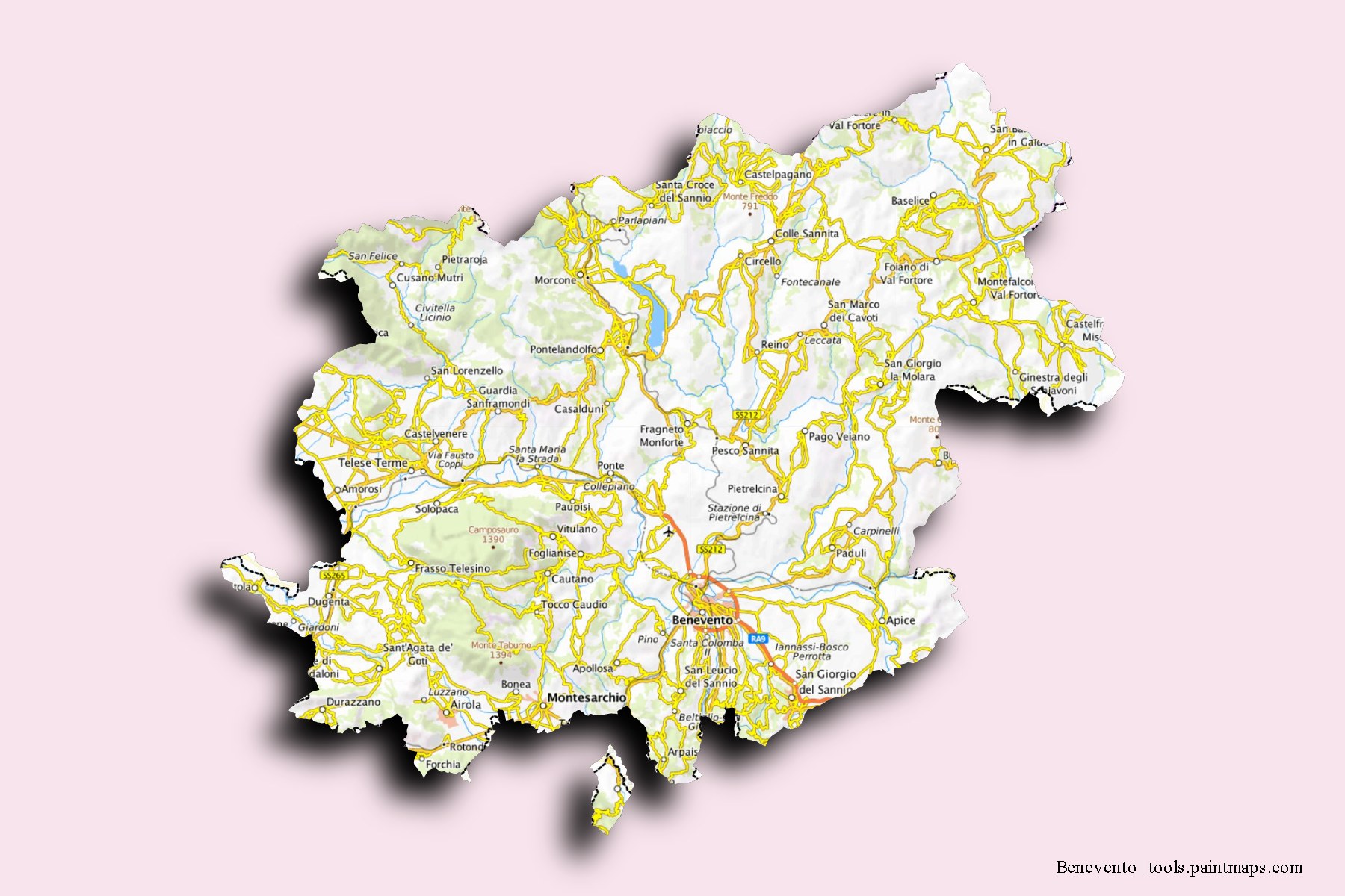 Benevento and counties map with 3D shadow effect