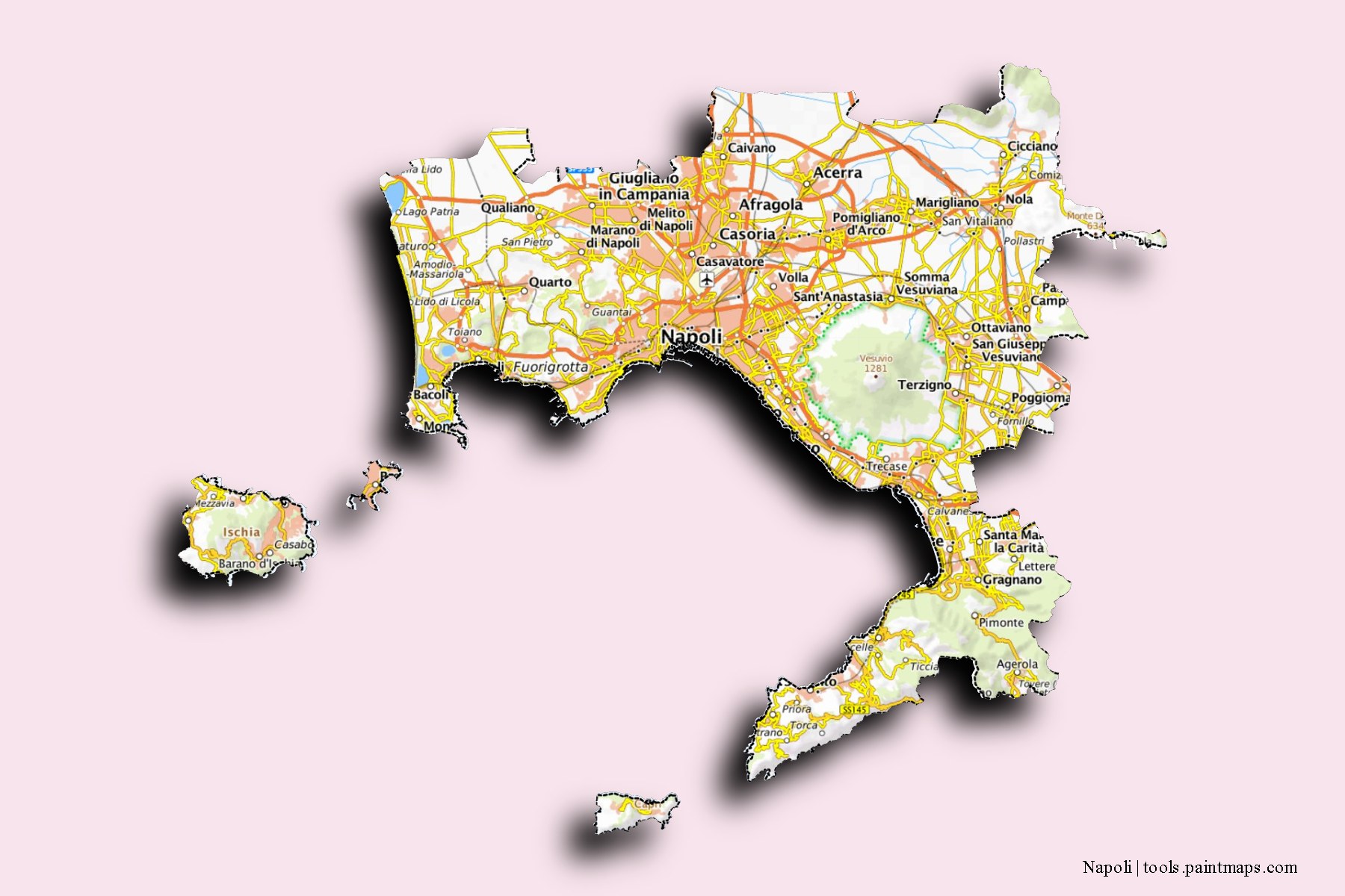 Mapa de Napoli y sus distritos con efecto de sombra 3D