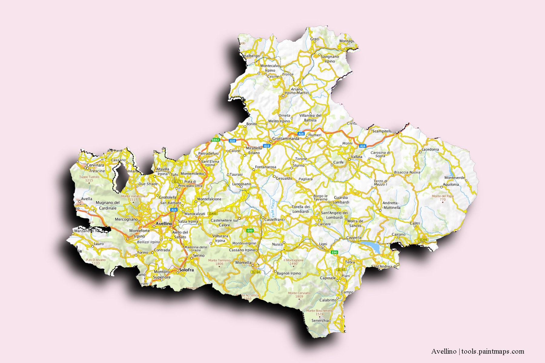 Mapa de Avellino y sus distritos con efecto de sombra 3D