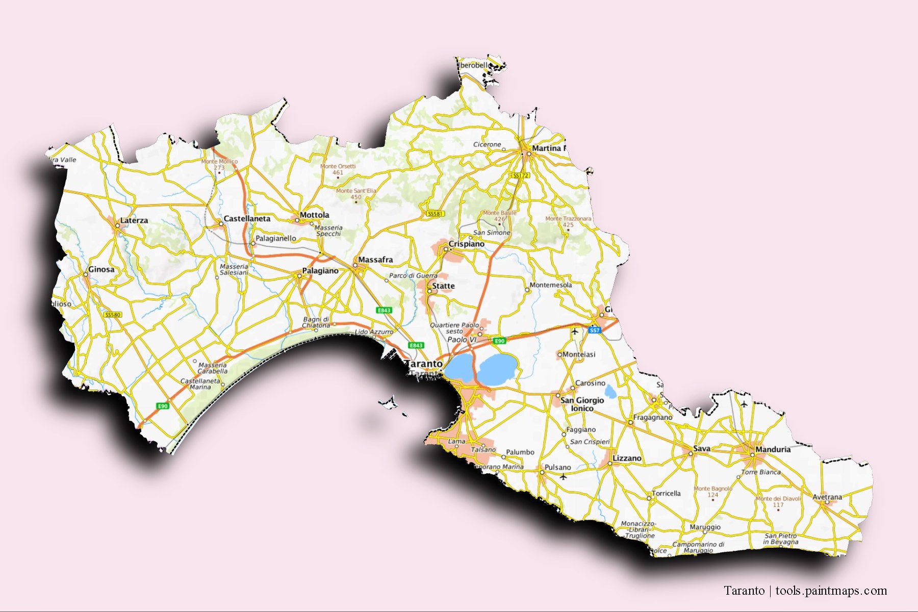 Mapa de Taranto y sus distritos con efecto de sombra 3D