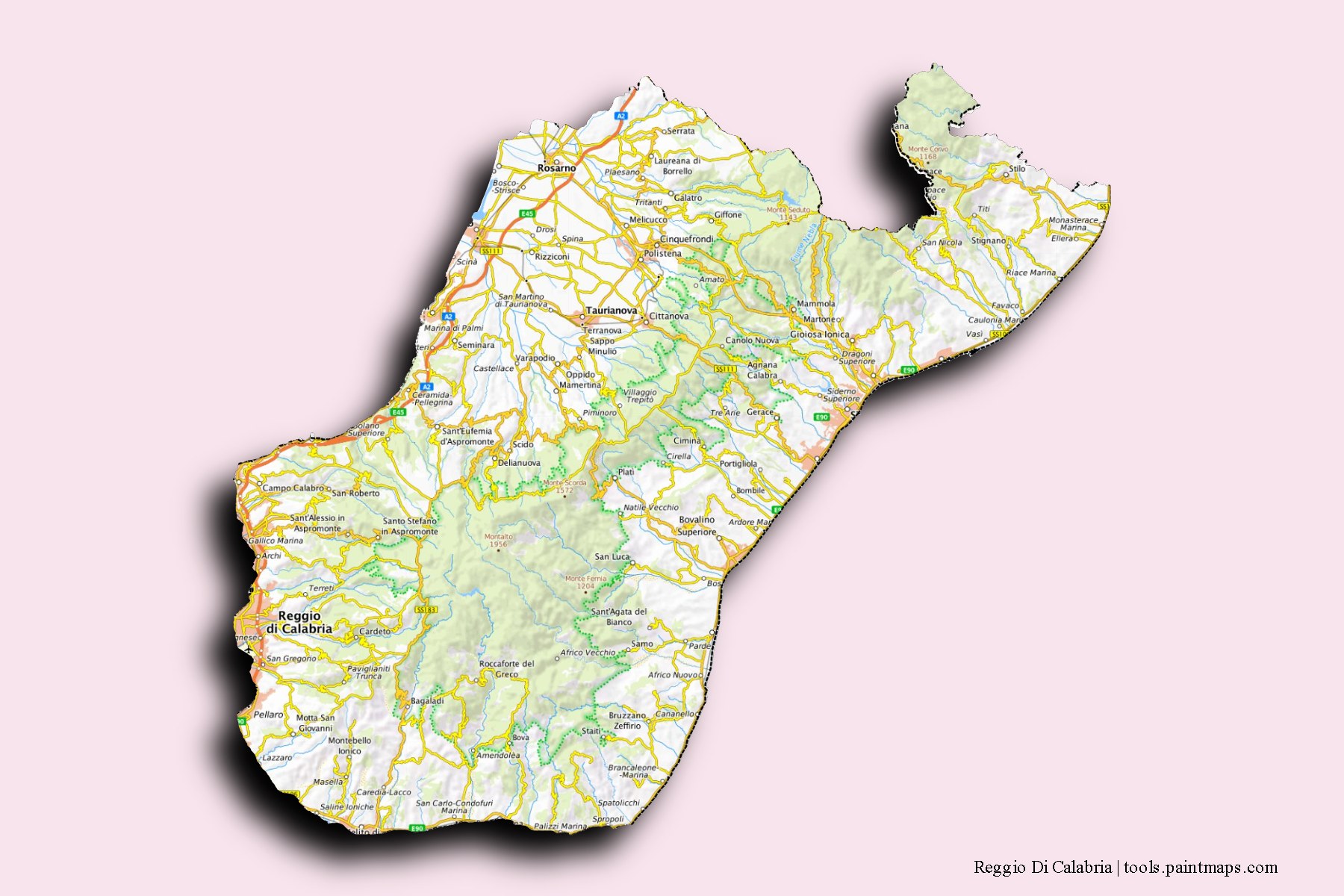 Mapa de Reggio Di Calabria y sus distritos con efecto de sombra 3D