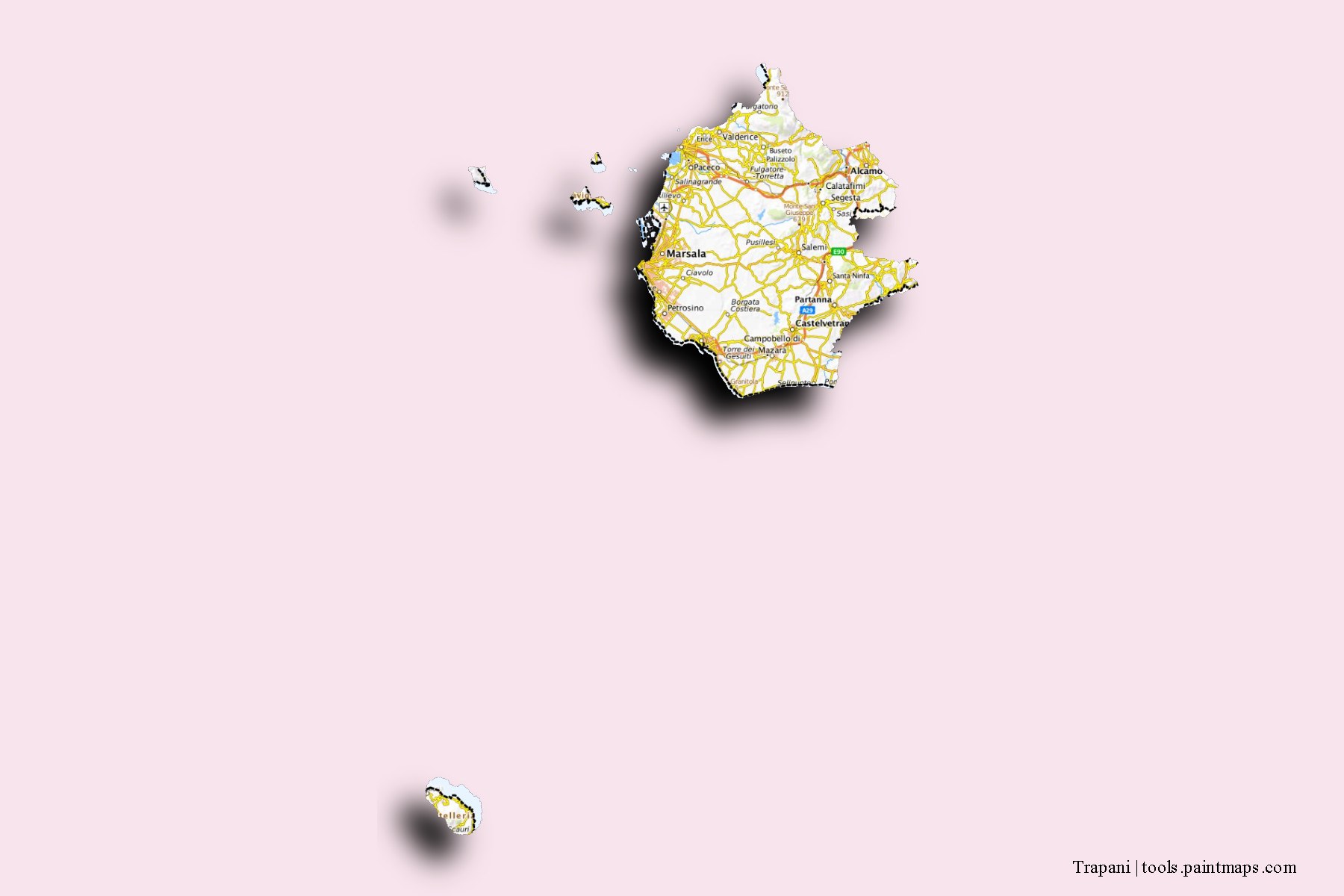 Mapa de Trapani y sus distritos con efecto de sombra 3D