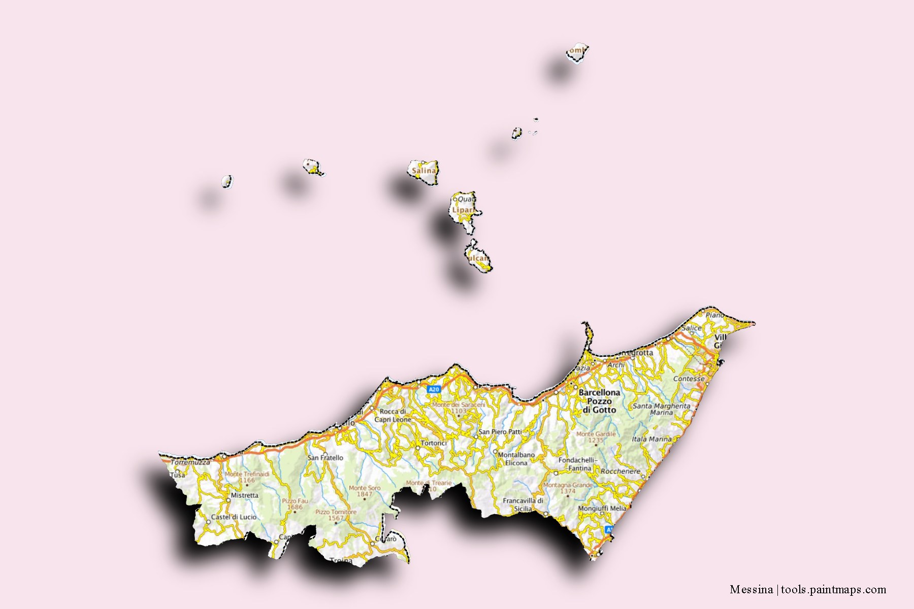 3D gölge efektli Messina ili ve ilçeleri haritası