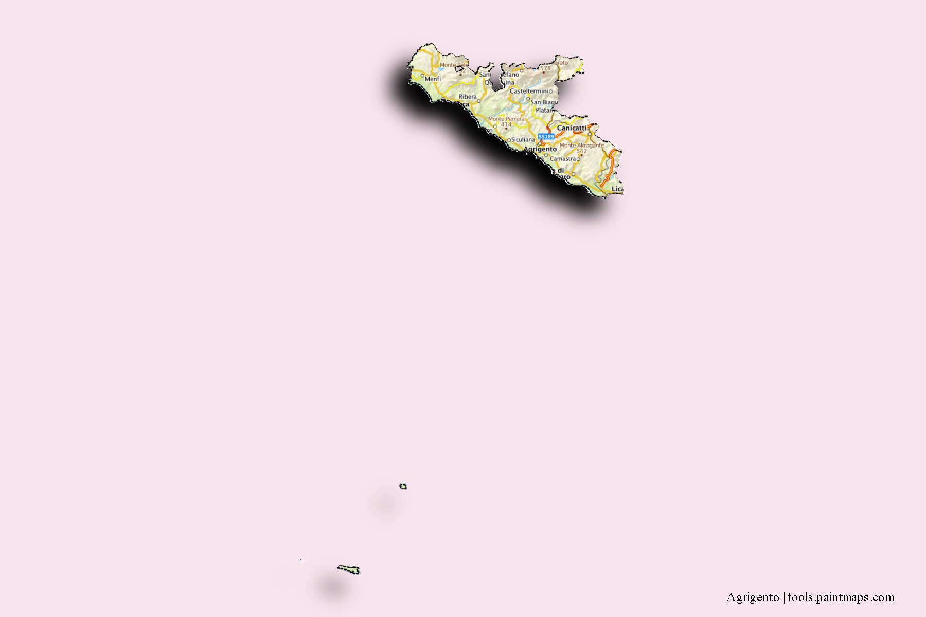 Mapa de Agrigento y sus distritos con efecto de sombra 3D